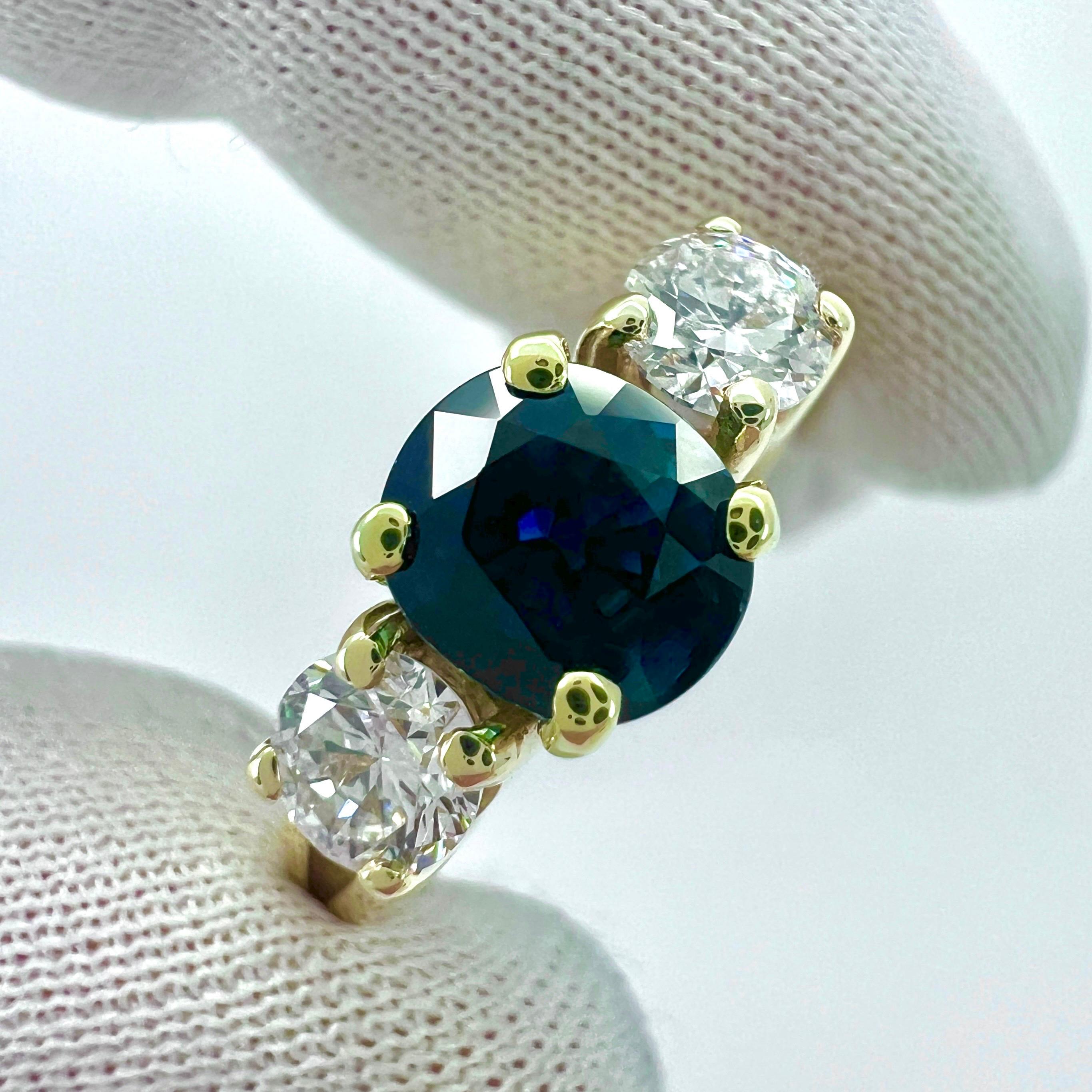 2.06ct GIA Certified Deep Blue Sapphire & Diamond Yellow Gold Three Stone Ring For Sale 3