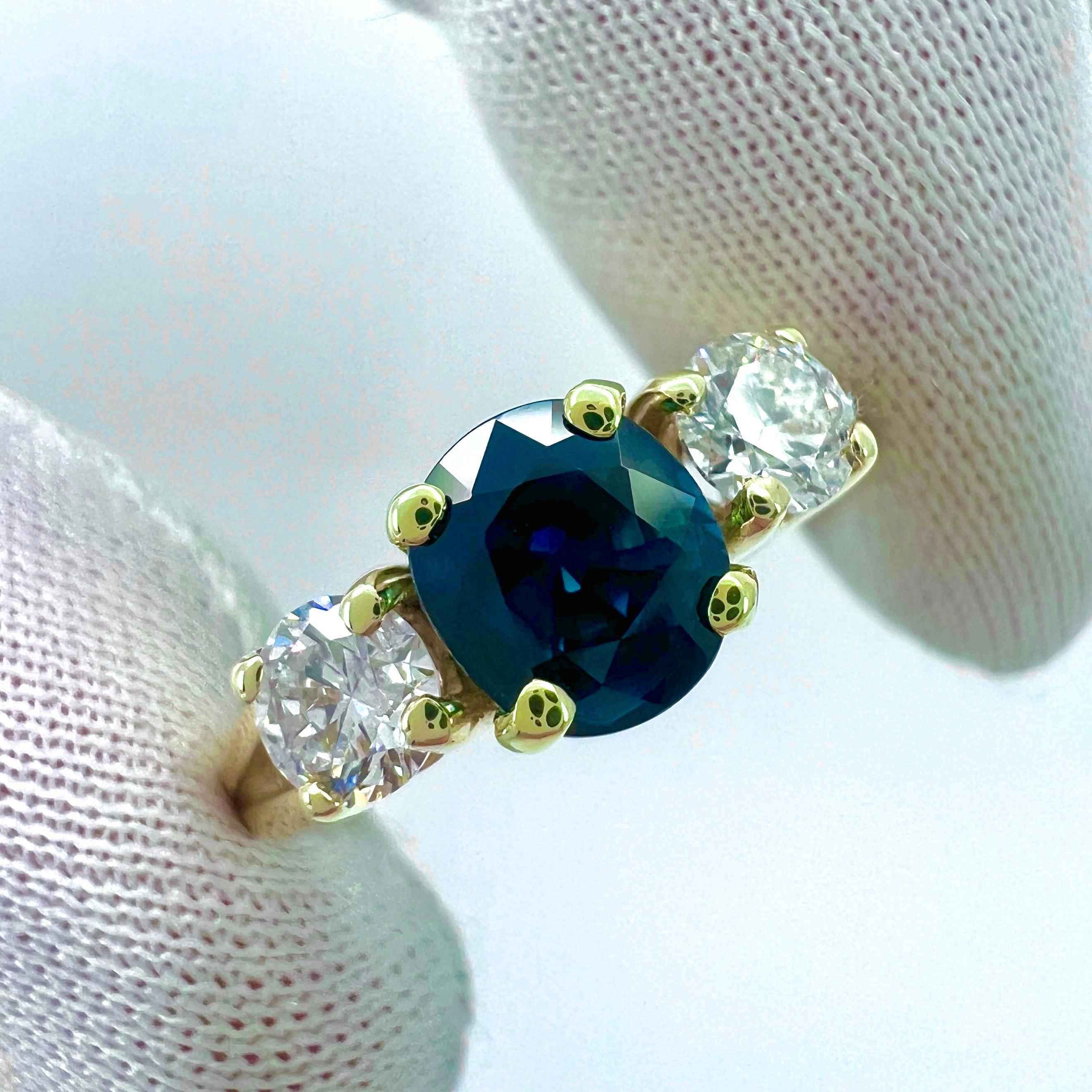 2.06ct GIA Certified Deep Blue Sapphire & Diamond Yellow Gold Three Stone Ring For Sale 4