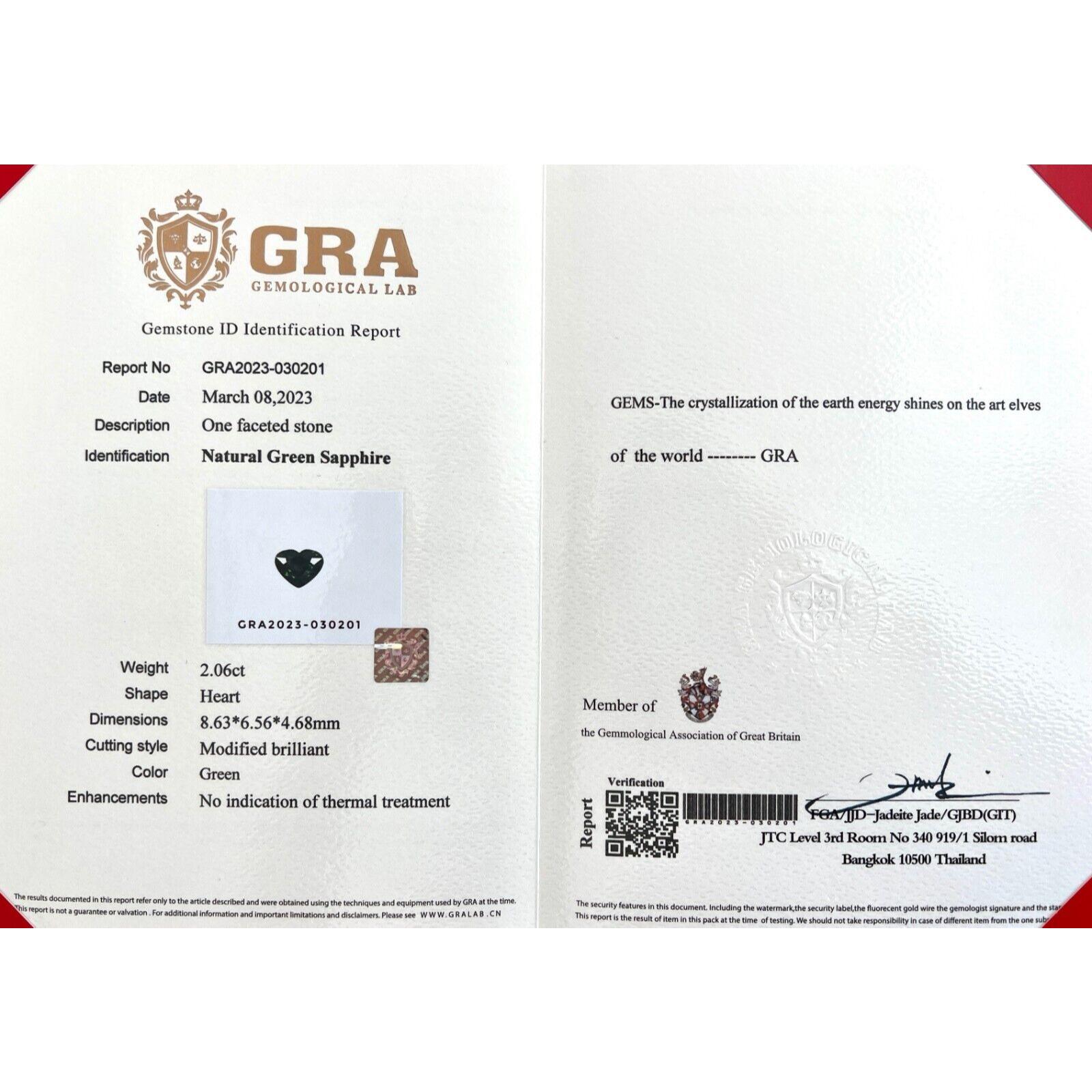 2,06 ct Zafiro verde natural Gra Gema certificada no tratada talla corazón 8,6x6,5mm Corte de corazón en venta