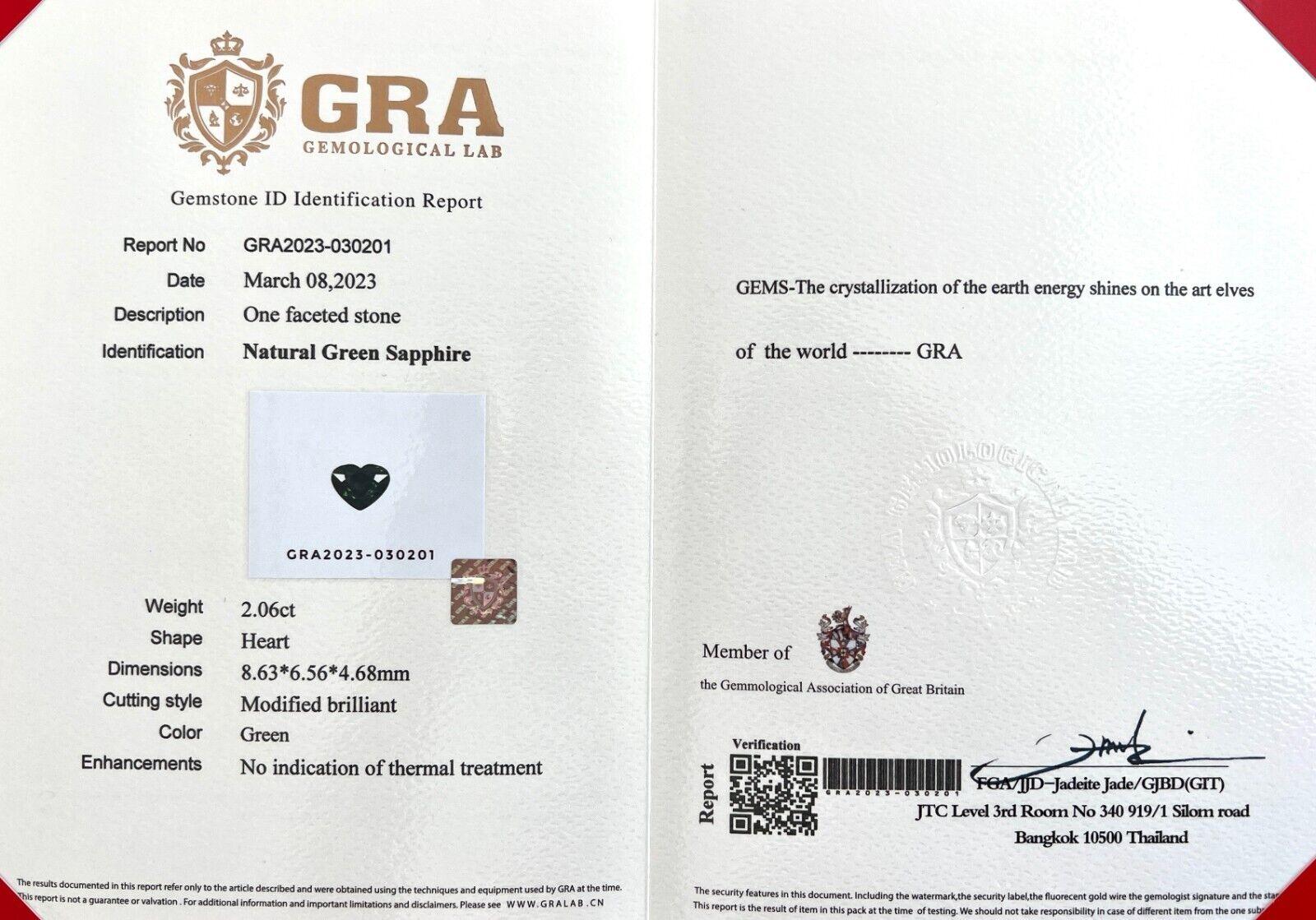 2.06Ct natürlicher grüner Saphir GRA-zertifiziert unbehandelt Herzschliff Edelstein im Angebot 2