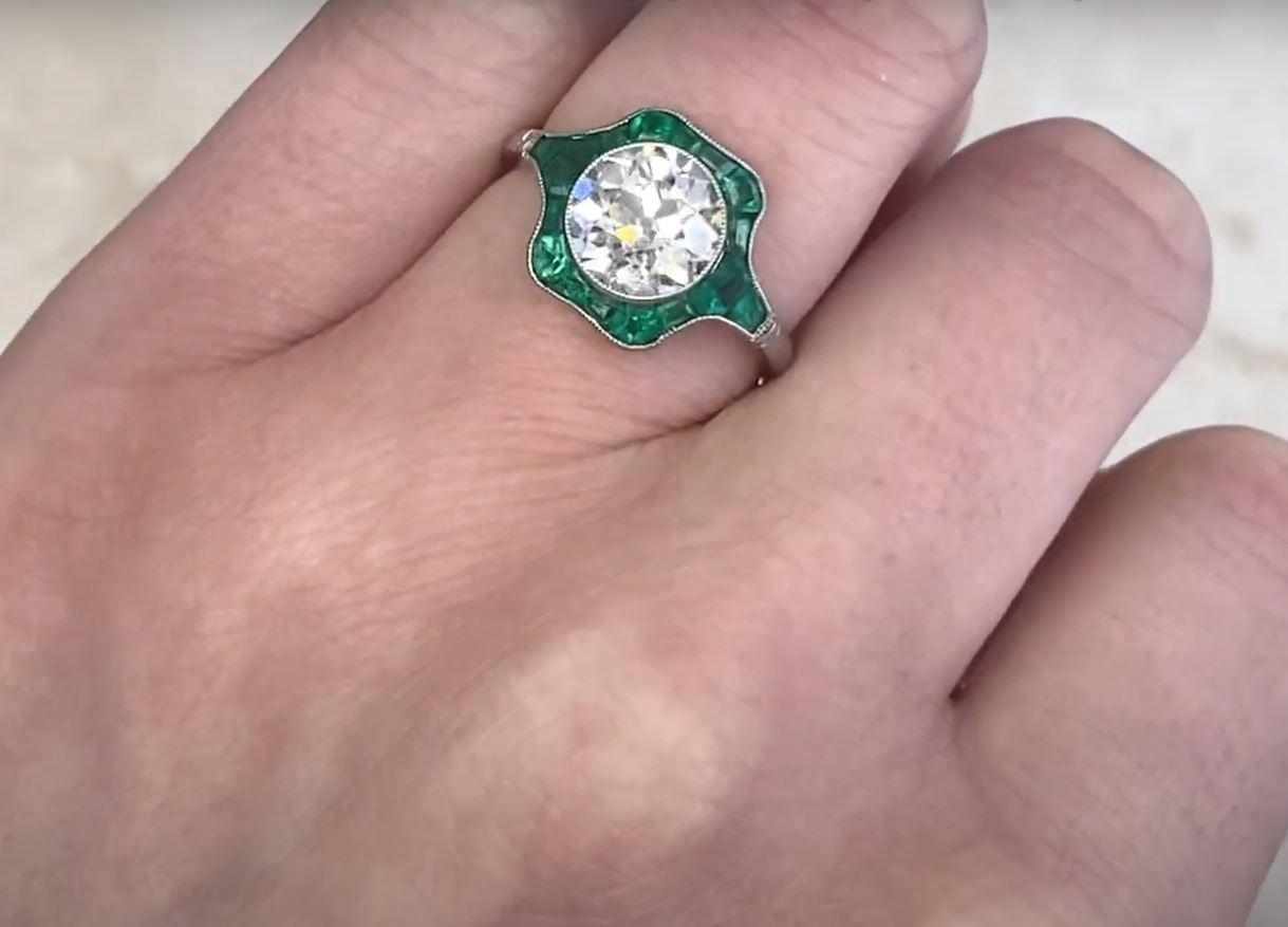 2.06ct Old Euro-Cut Diamond Engagement Ring, VS1 Clarity, Emerald Halo For Sale 2