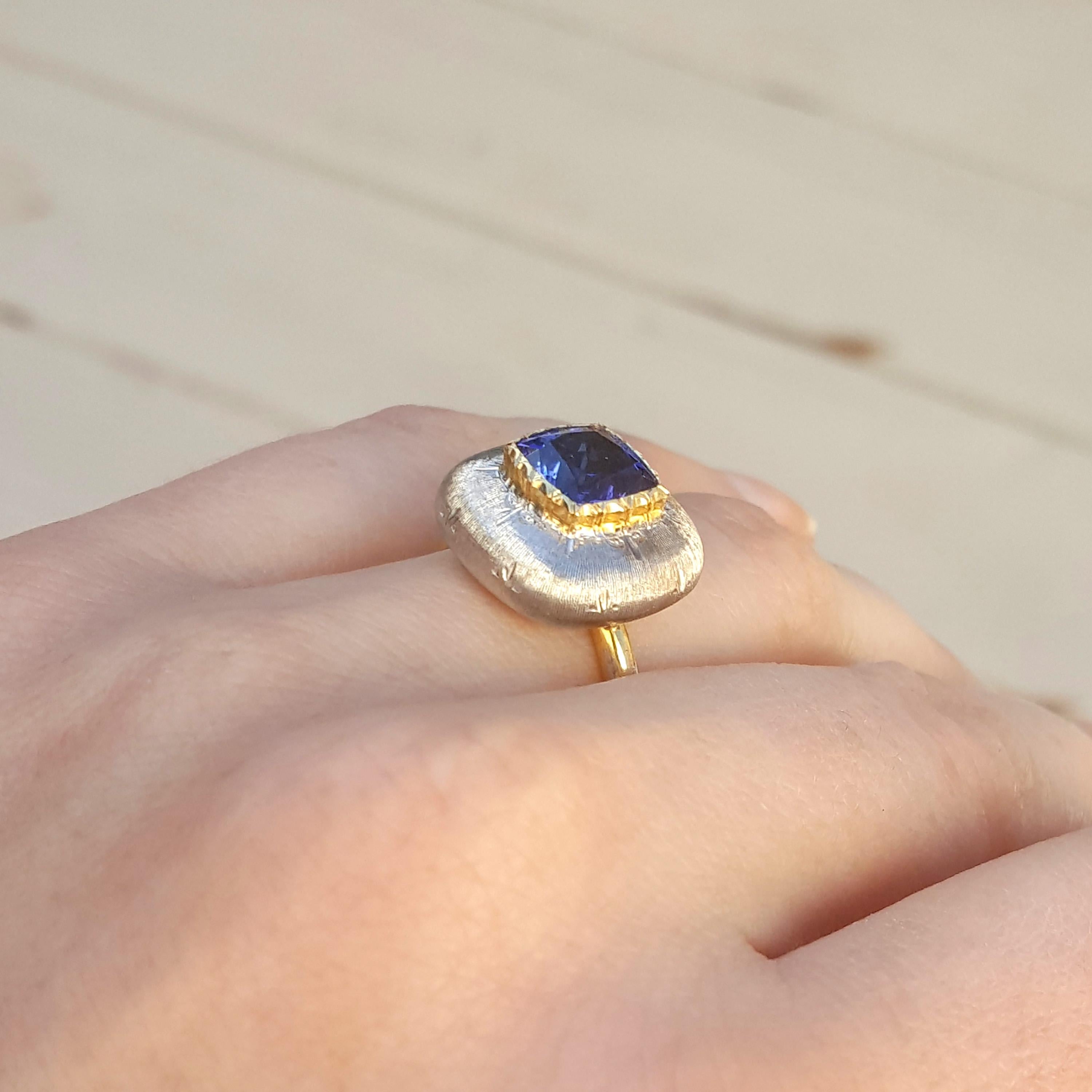 The Bianca style is such an unexpected presentation as a ring, and this tanzanite looks is framed beautifully by this custom version.

This beautifully cut tanzanite has a rich and deep lavender hue, which is always difficult to source in this size