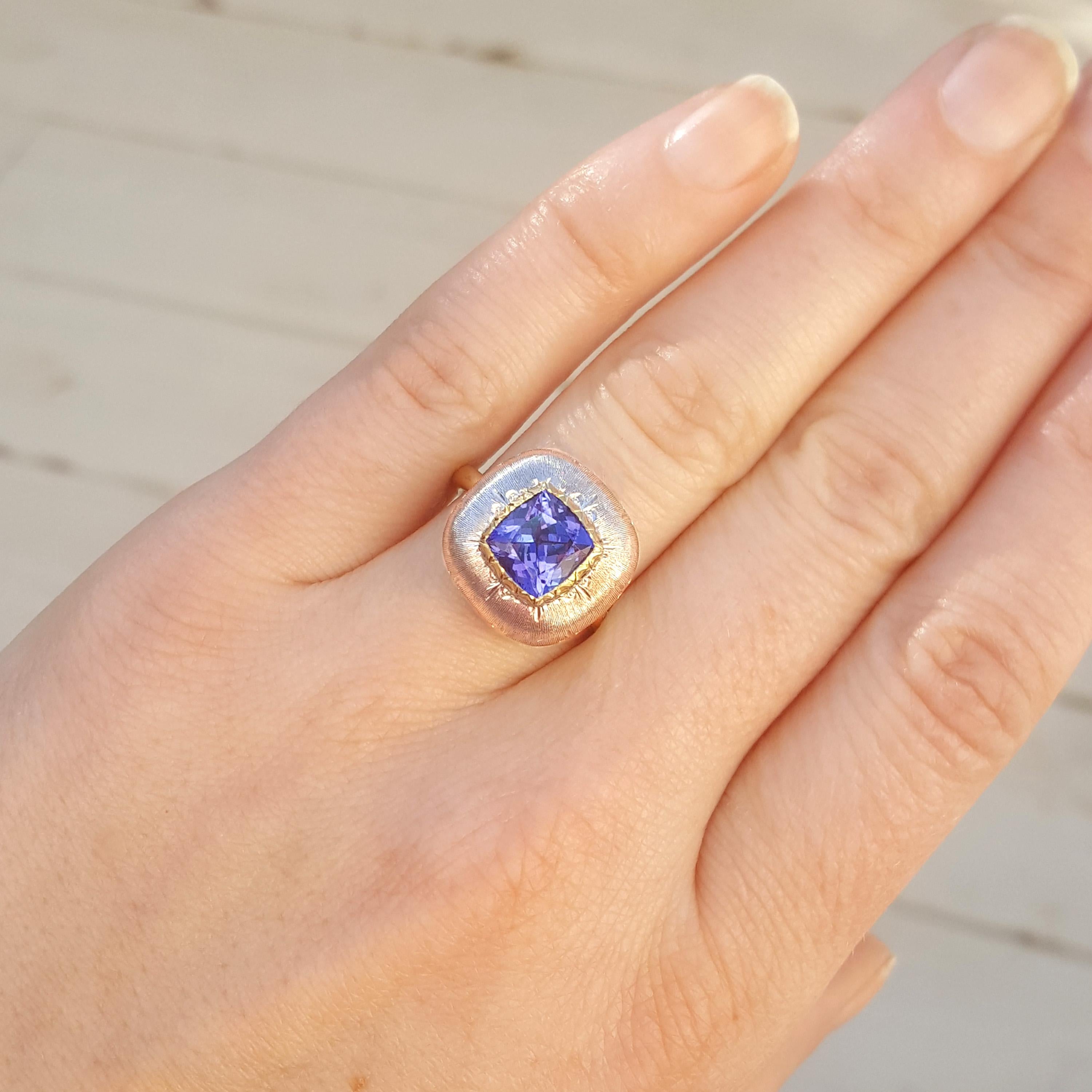 Cushion Cut 2.06ct Tanzanite and 18 Karat Gold Florentine Engraved Ring, Handmade in Italy