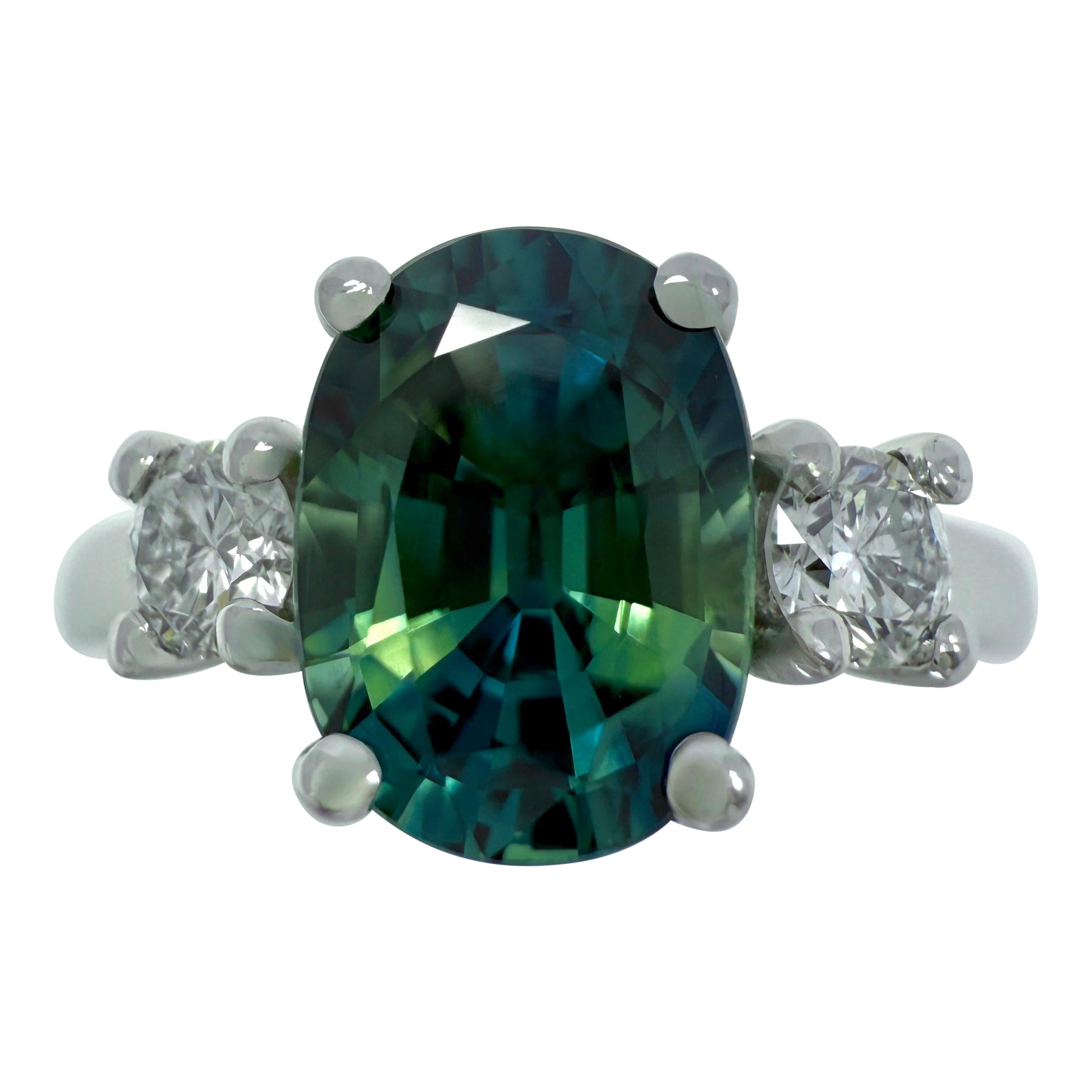 2.06ct Teal Green Blue Sapphire And Diamond Platinum Oval Cut Three Stone Ring (bague à trois pierres, taille ovale)