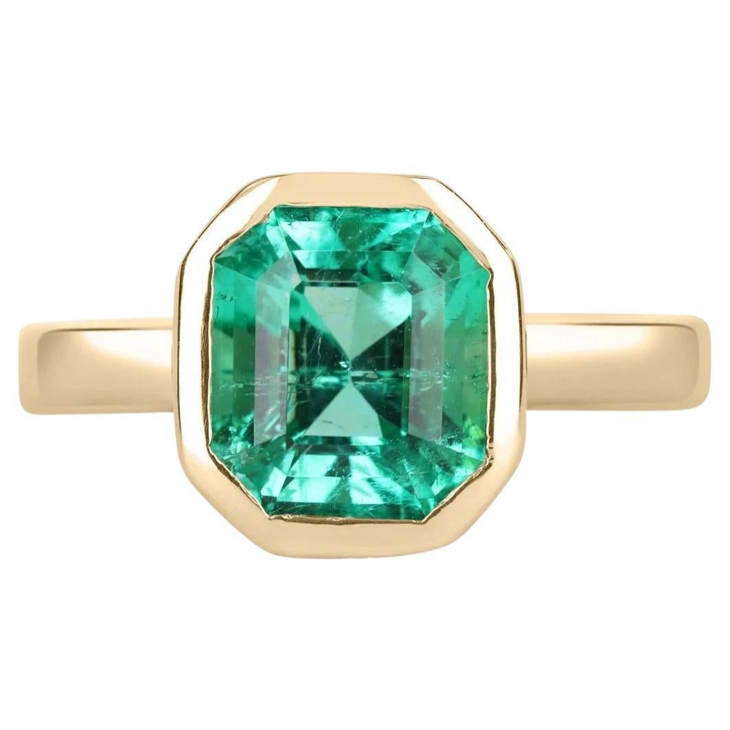 2.06cts 18K Colombian Emerald-Emerald Cut Solitaire Bezel Set Gold Ring For Sale