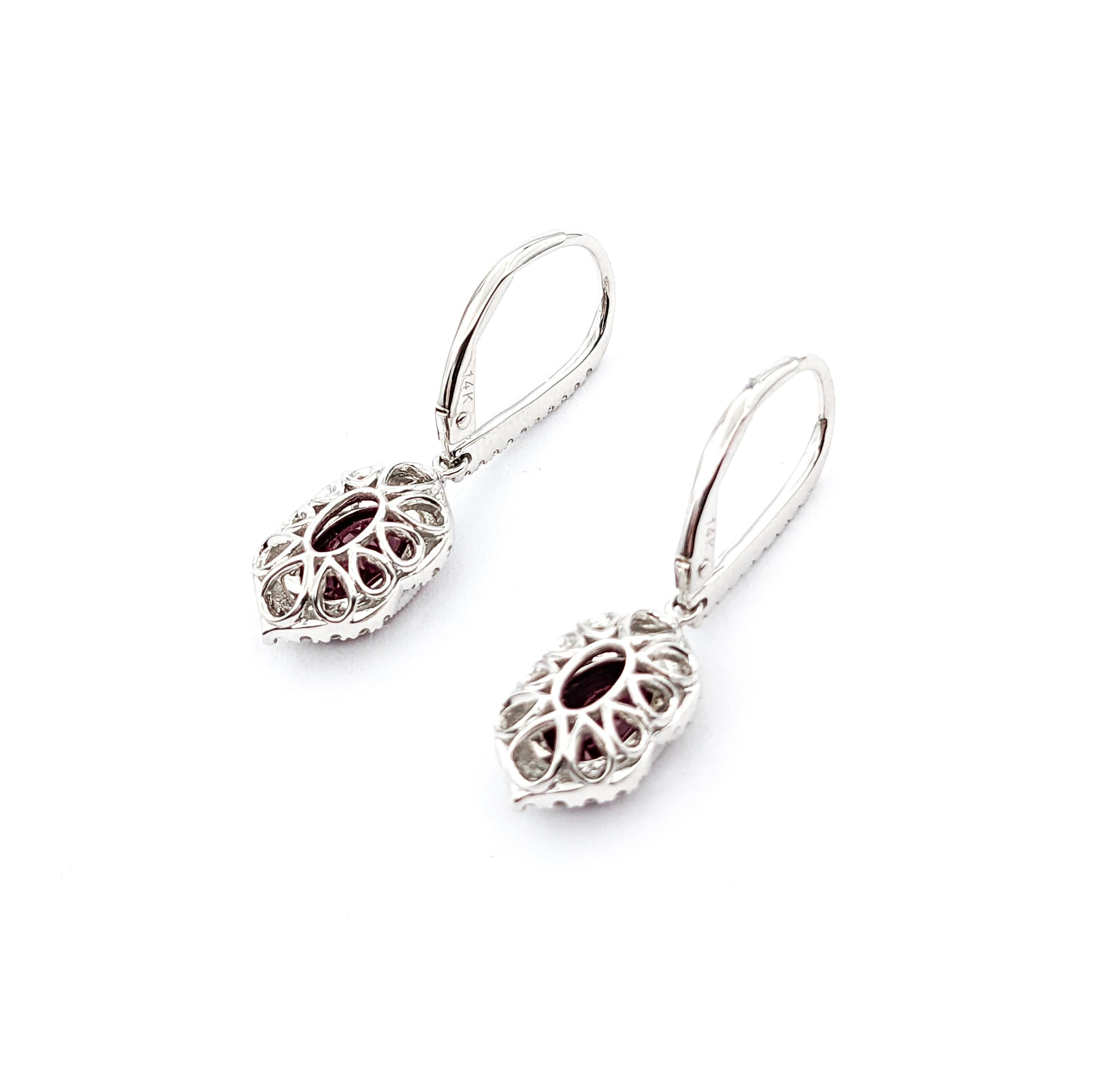 Contemporary 2.06ctw Rubies & Diamond Leverback Drop Earrings In White Gold For Sale