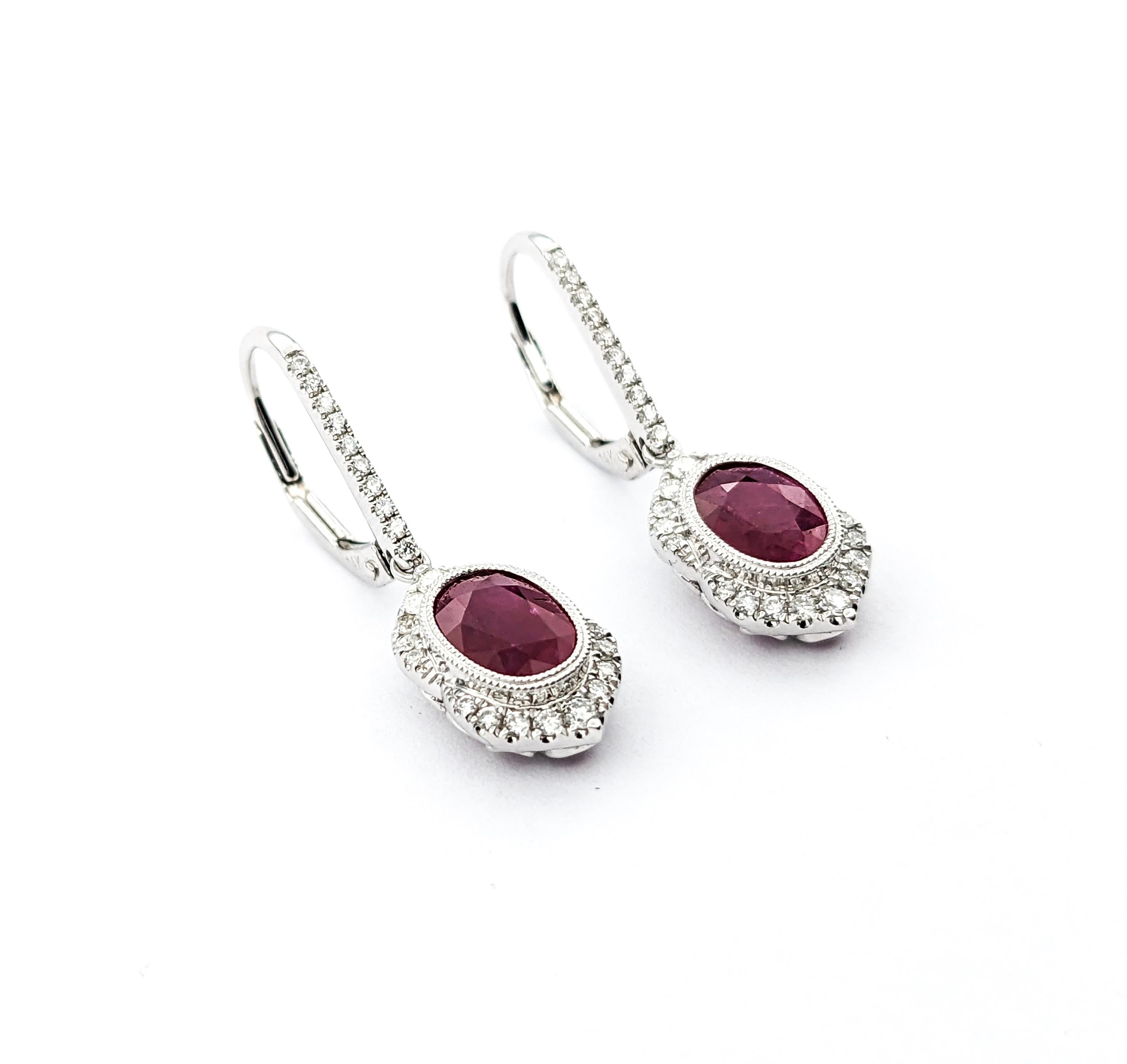 Round Cut 2.06ctw Rubies & Diamond Leverback Drop Earrings In White Gold For Sale