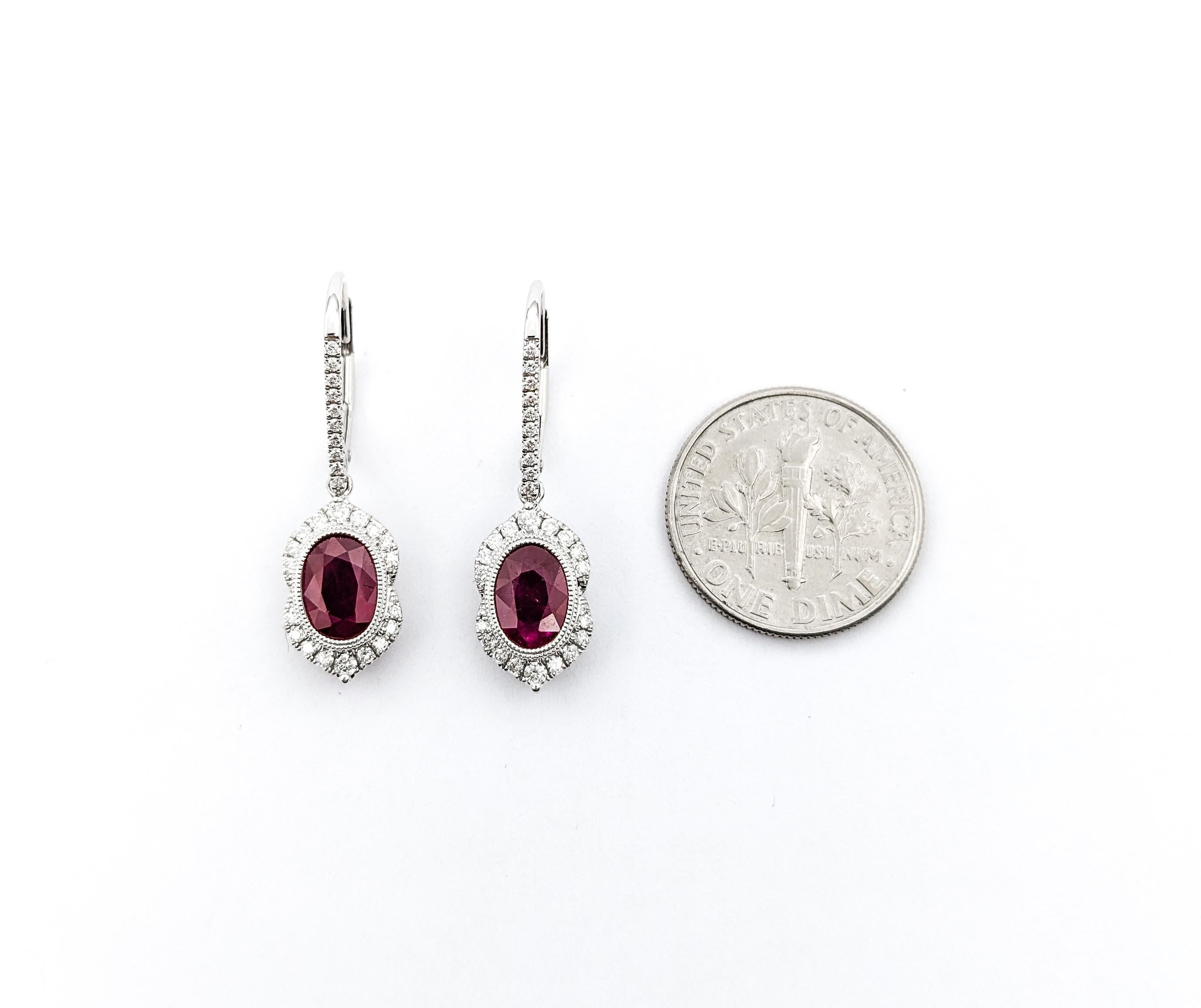 2.06ctw Rubies & Diamond Leverback Drop Earrings In White Gold In Excellent Condition For Sale In Bloomington, MN
