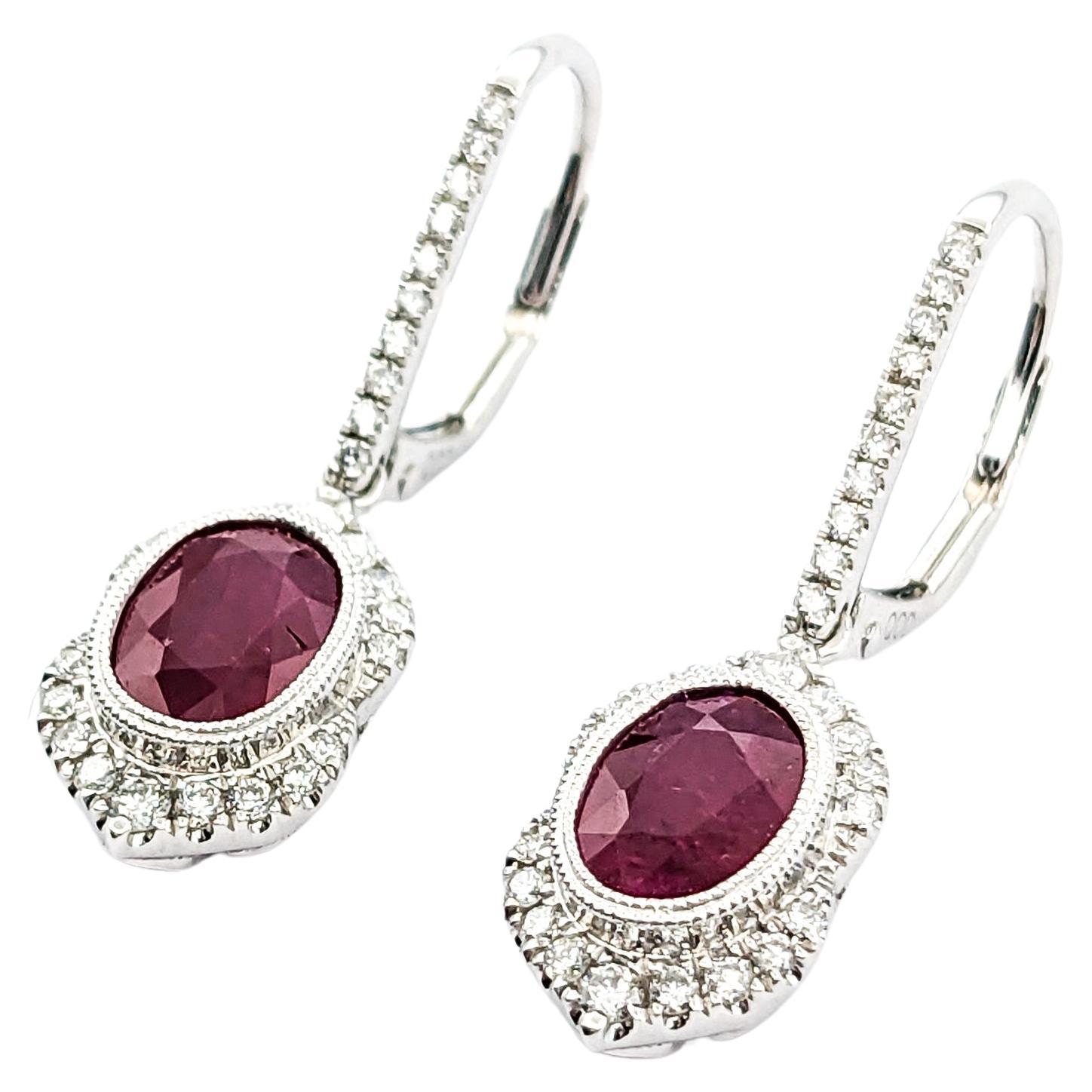 2.06ctw Rubies & Diamond Leverback Drop Earrings In White Gold For Sale