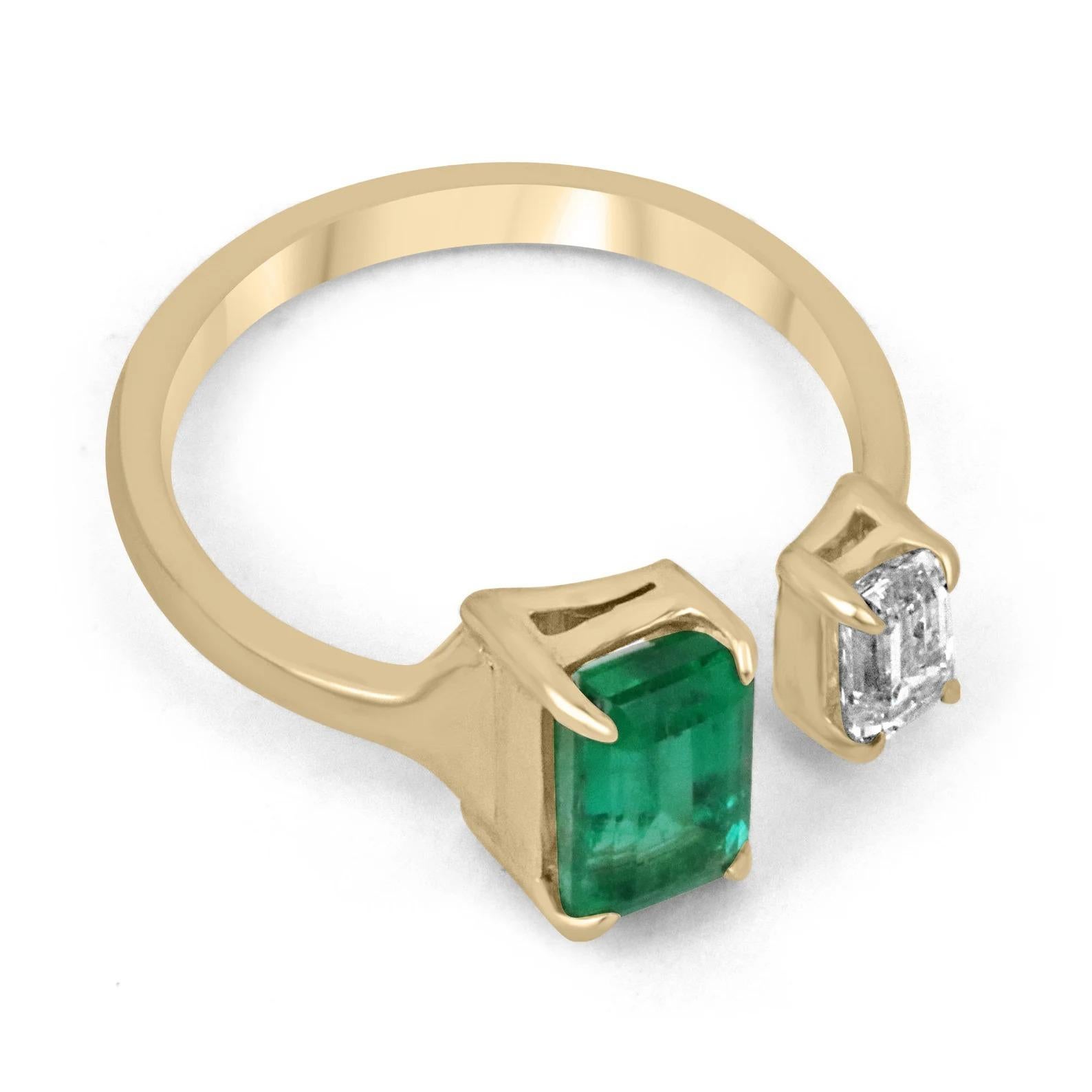 This is a stunning solid 18K yellow gold, AAA heirloom Colombian emerald, and diamond statement ring or right-hand ring. Absolutely stylish and sleek, ideal as a stand-alone piece or worn with other statement pieces. An emerald-cut Colombian emerald