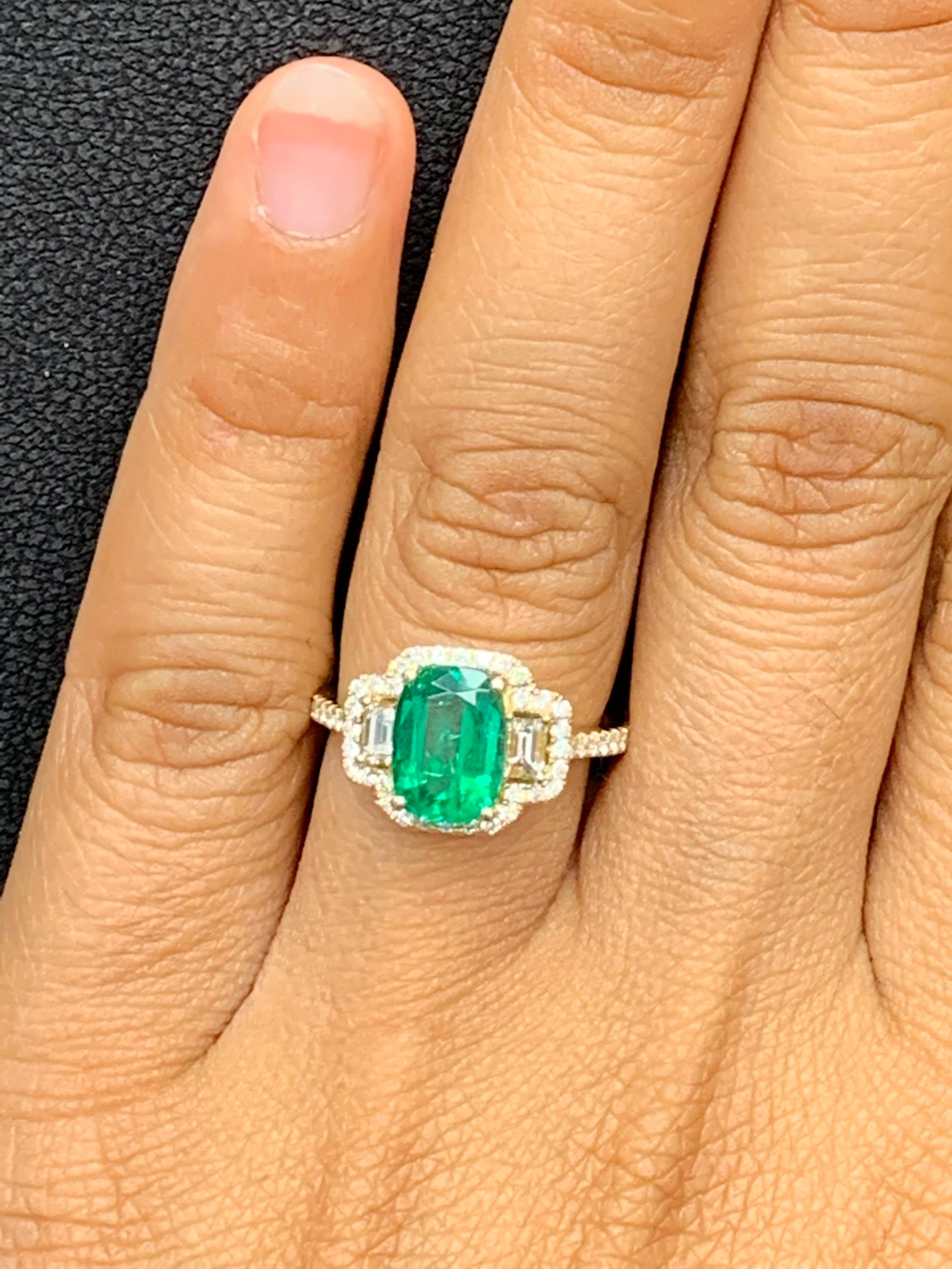 Modern 2.07 Carat Cushion Cut Emerald and Diamond Engagement Ring in 18K Yellow Gold For Sale