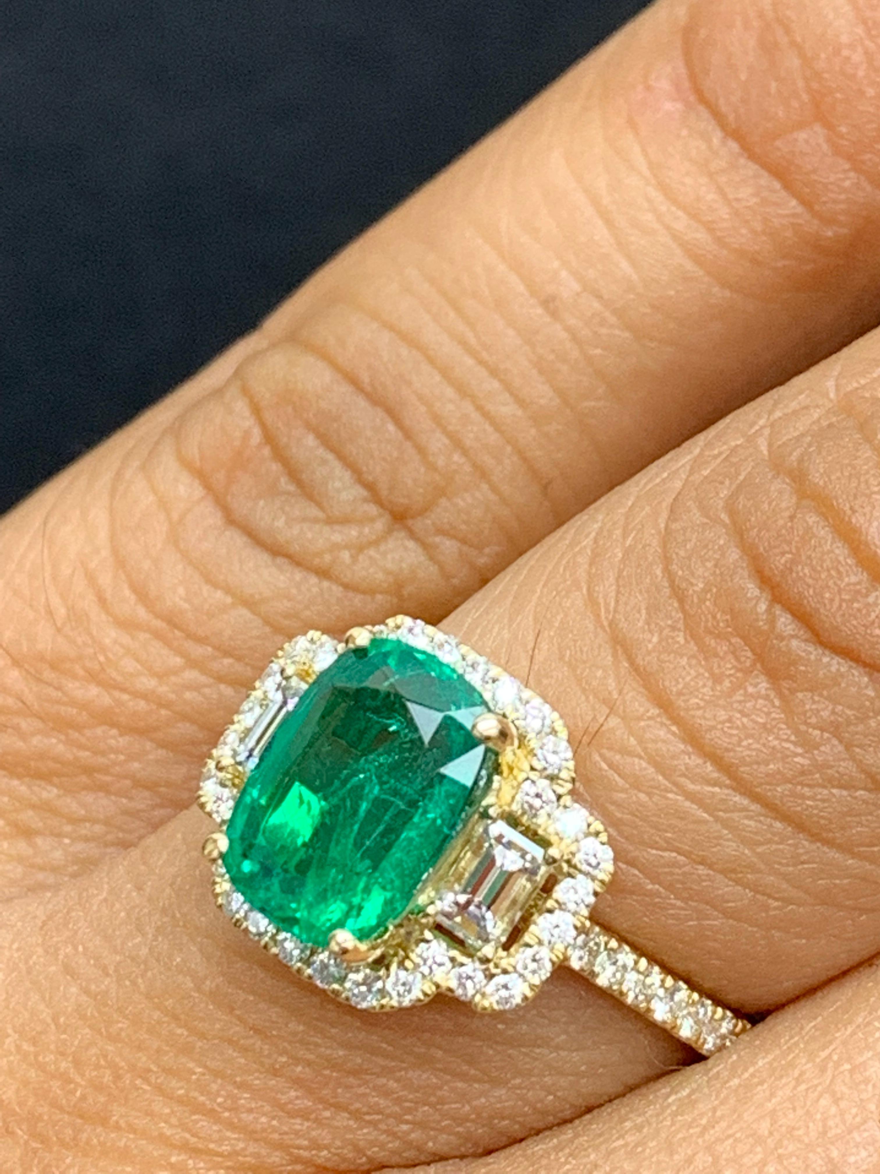 Women's 2.07 Carat Cushion Cut Emerald and Diamond Engagement Ring in 18K Yellow Gold For Sale