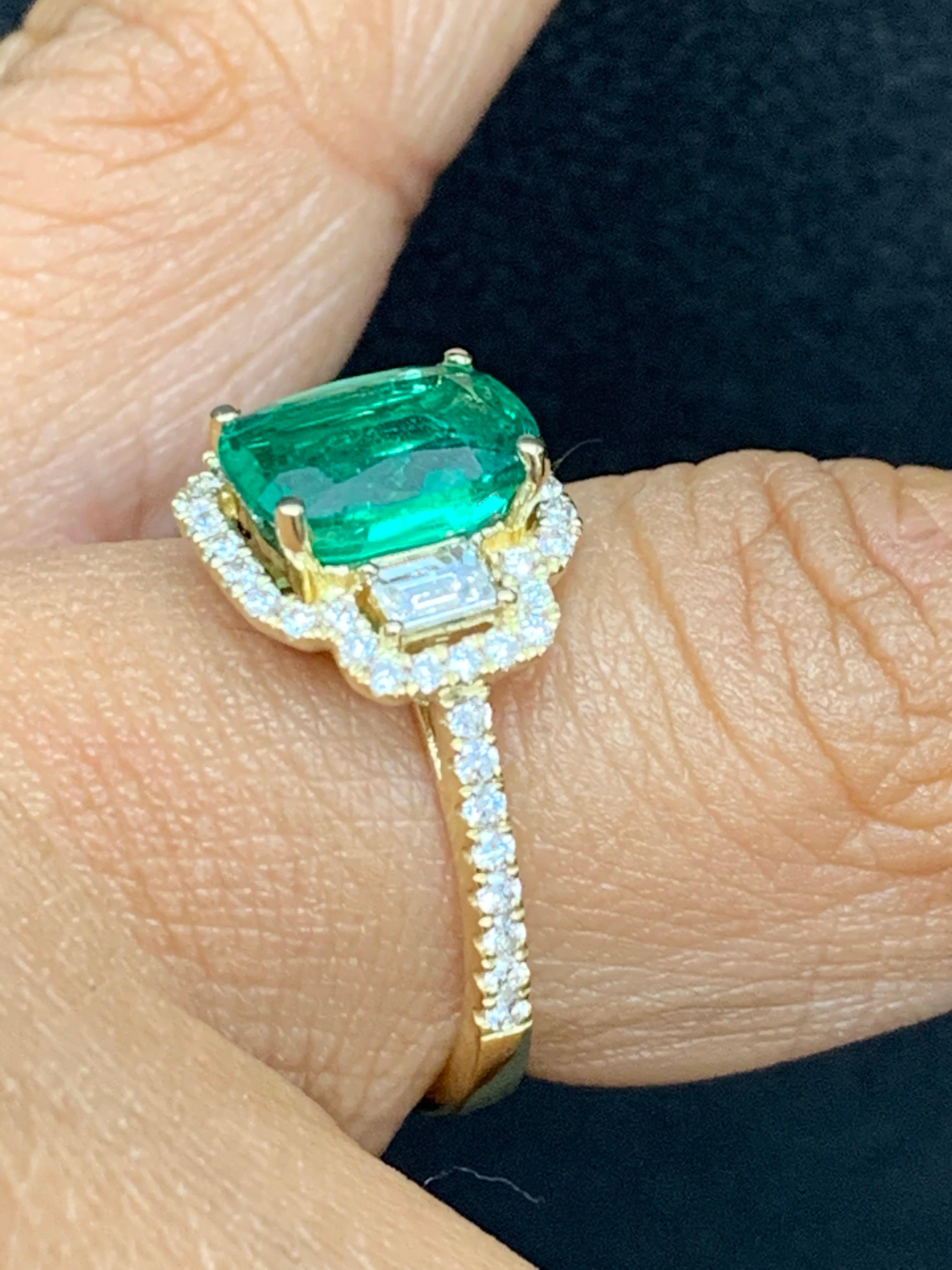 2.07 Carat Cushion Cut Emerald and Diamond Engagement Ring in 18K Yellow Gold For Sale 2