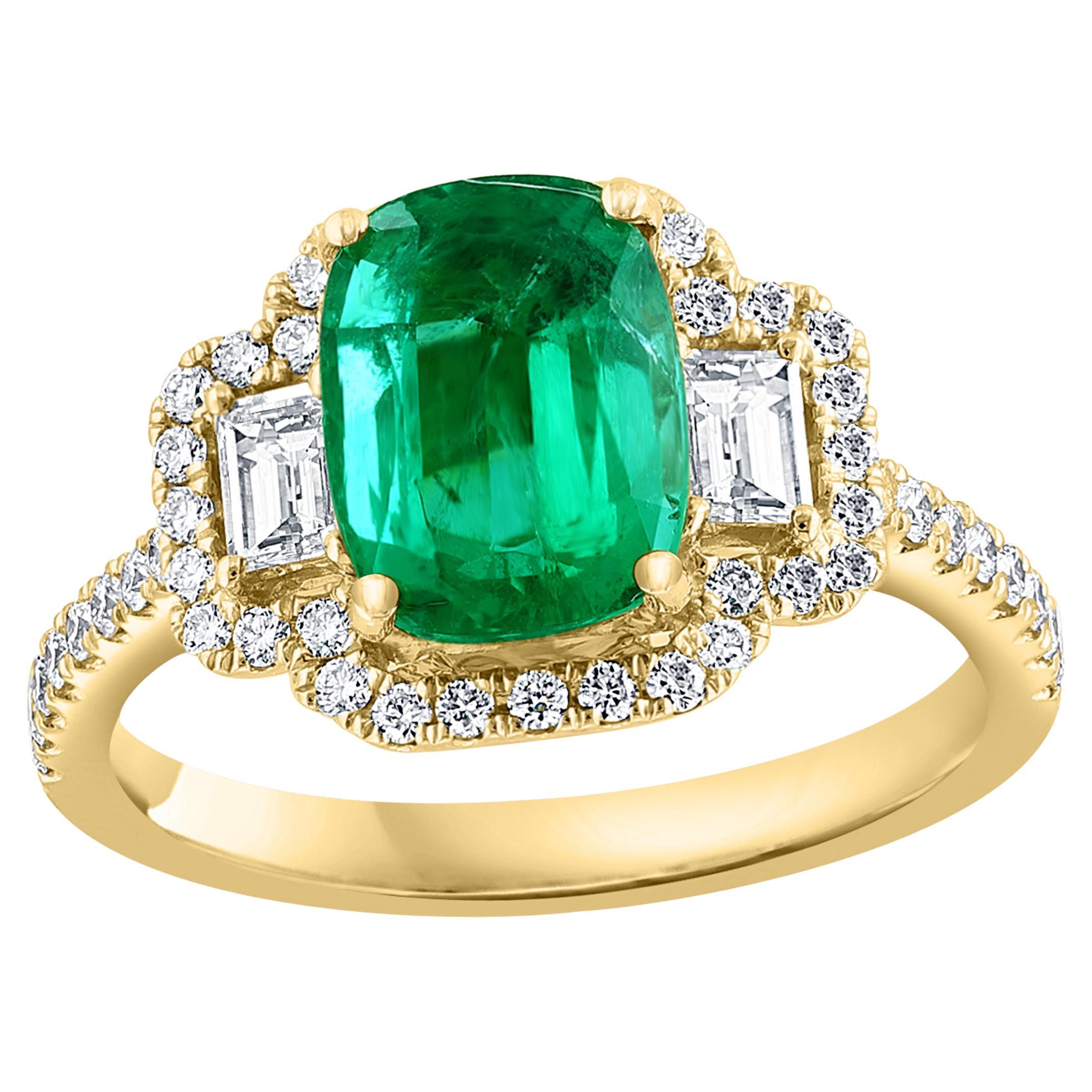 2.07 Carat Cushion Cut Emerald and Diamond Engagement Ring in 18K Yellow Gold For Sale