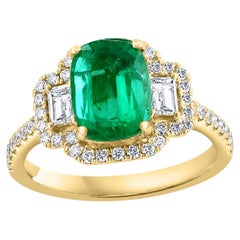 2.07 Carat Cushion Cut Emerald and Diamond Engagement Ring in 18K Yellow Gold