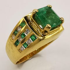 2.07 Carat Emerald Cut Emerald & Diamond Art Deco Men's Ring in 18K Yellow Gold