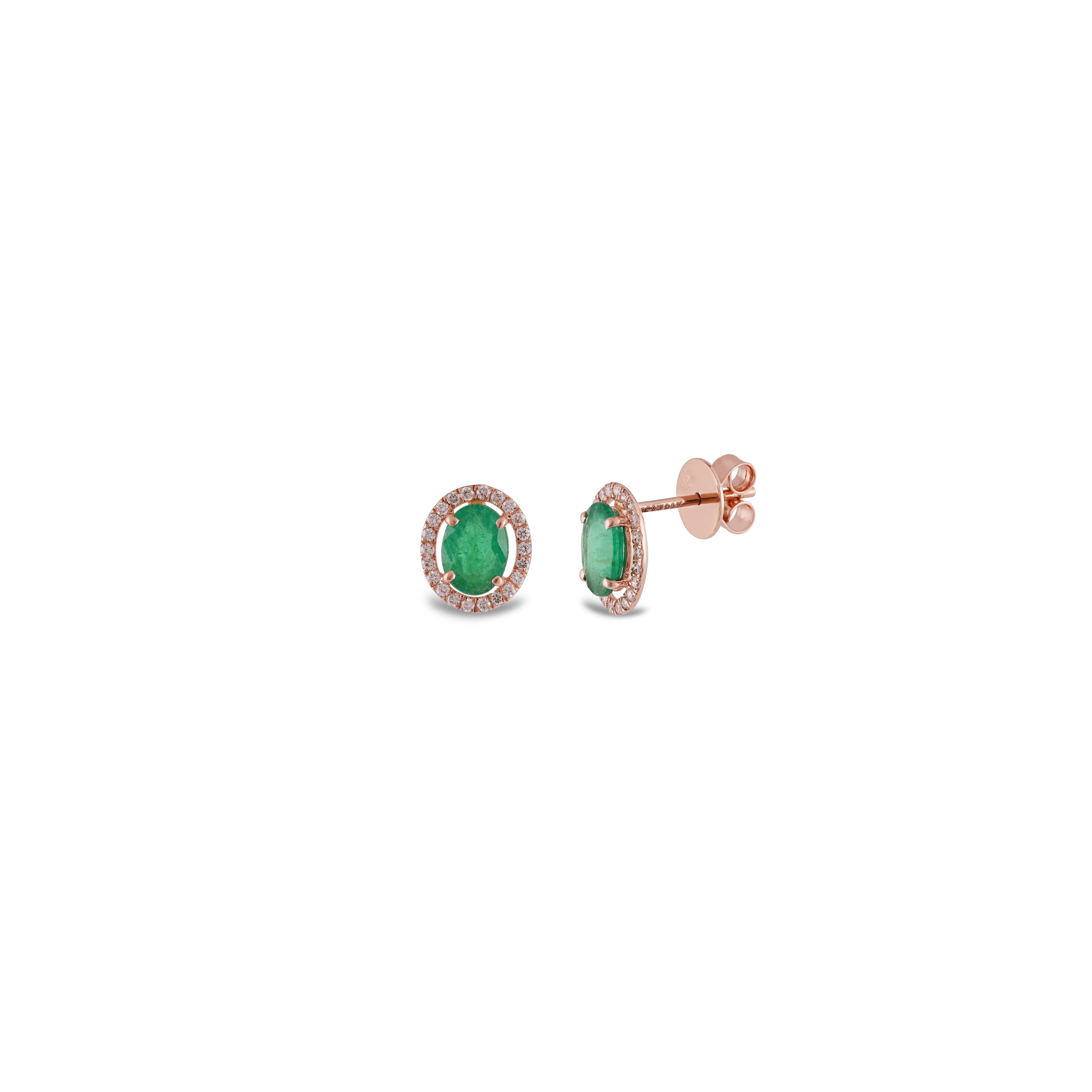 Modernist 2.07 Carat Emerald & Diamond Stud Earrings in 18 Karat Rose Gold For Sale
