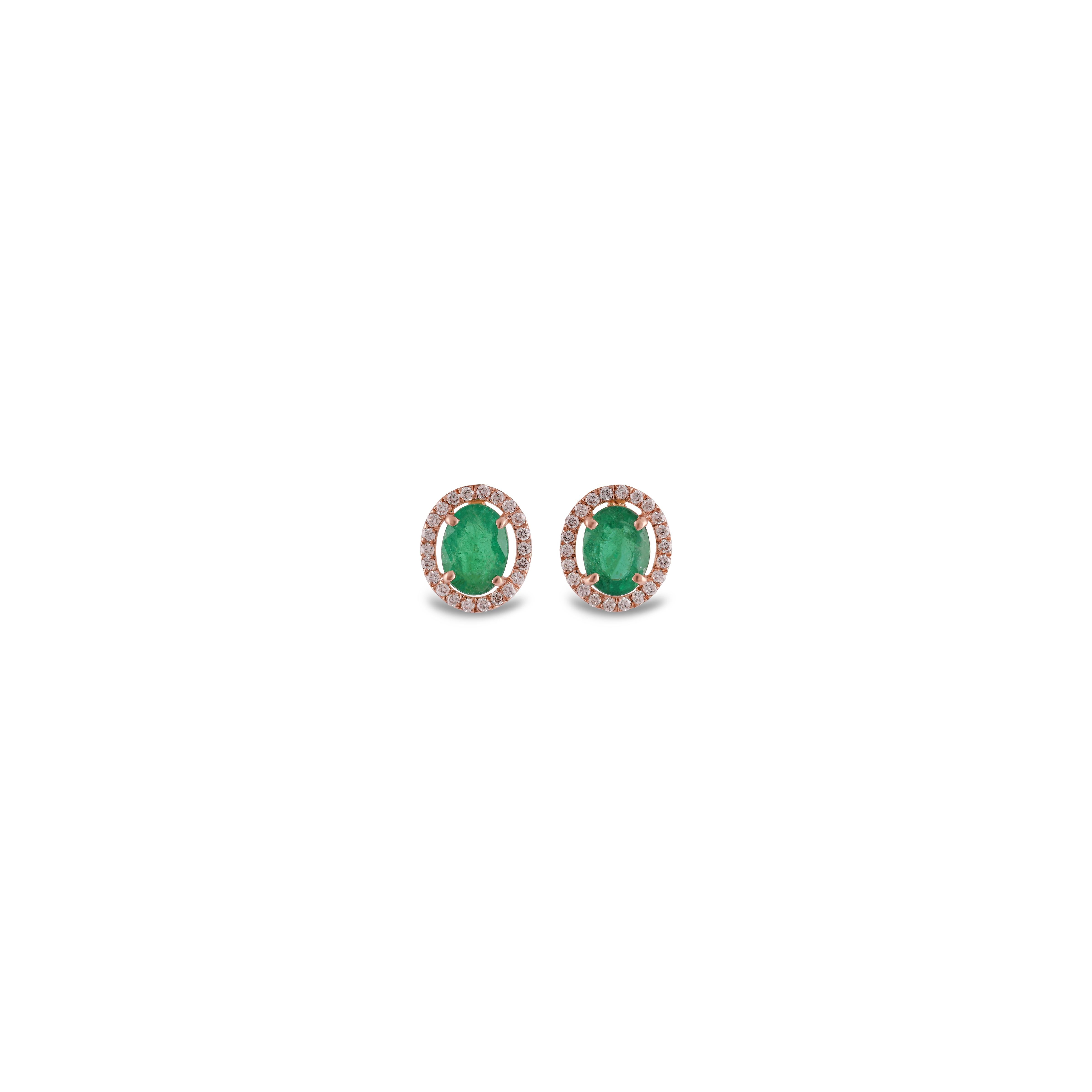Oval Cut 2.07 Carat Emerald & Diamond Stud Earrings in 18 Karat Rose Gold For Sale
