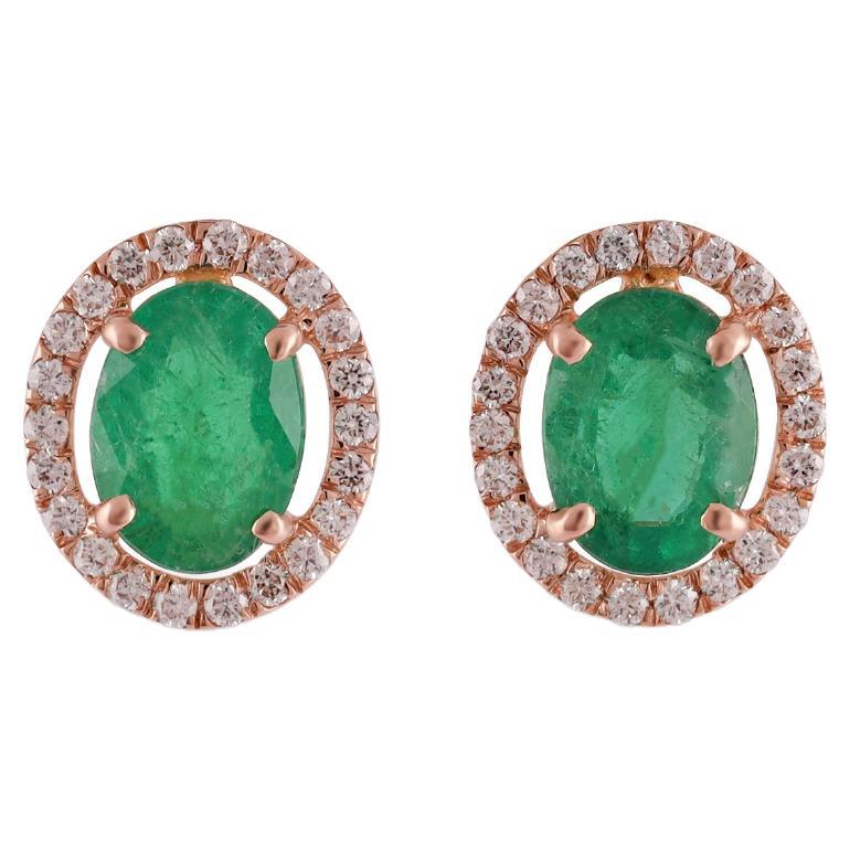 2.07 Carat Emerald & Diamond Stud Earrings in 18 Karat Rose Gold For Sale