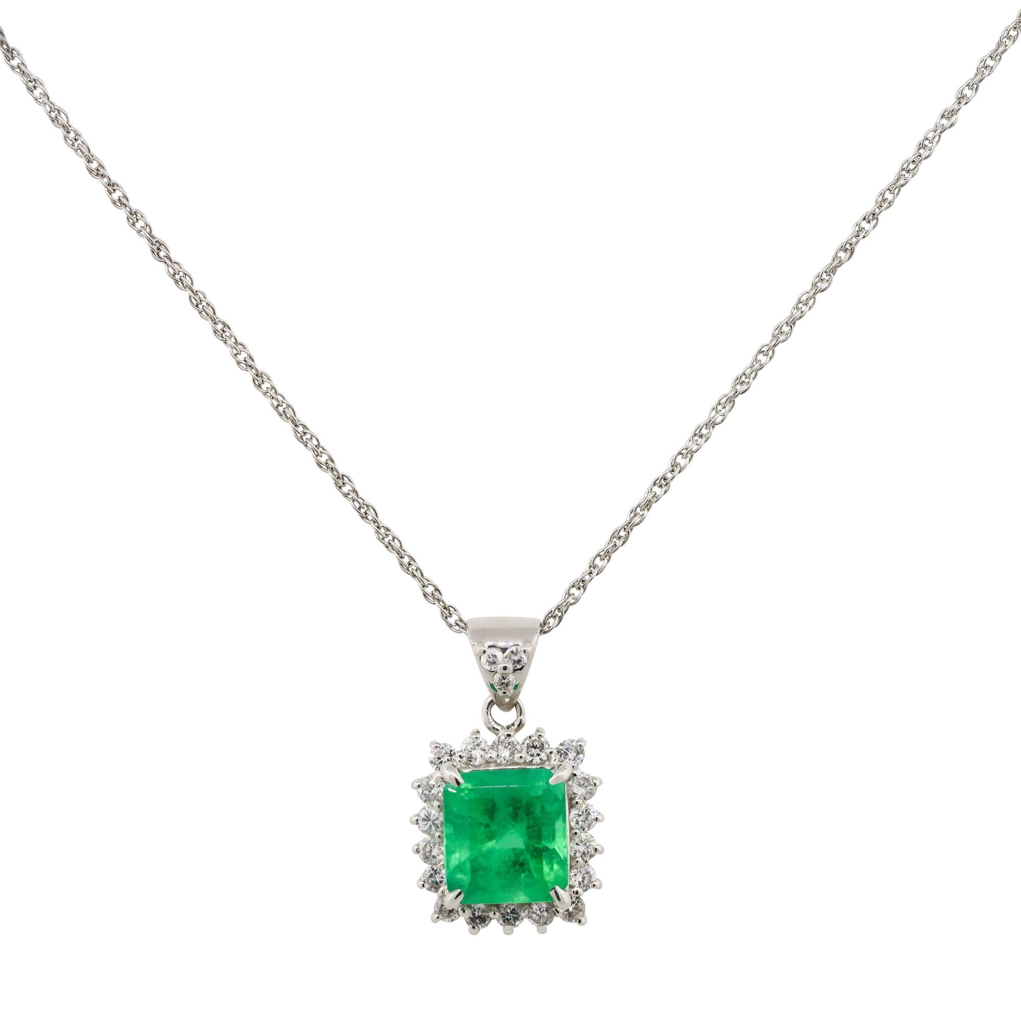 Material: Platinum
Diamond Details: Approx. 0.40ctw of round cut Diamonds. Diamonds are G/H in color and VS in clarity
Gemstone Details: Approx. 2.07ctw Emerald gemstone
Clasps: Lobster Clasp
Total Weight: 5.8g (3.7dwt)
Measurements: 10mm x 17mm x