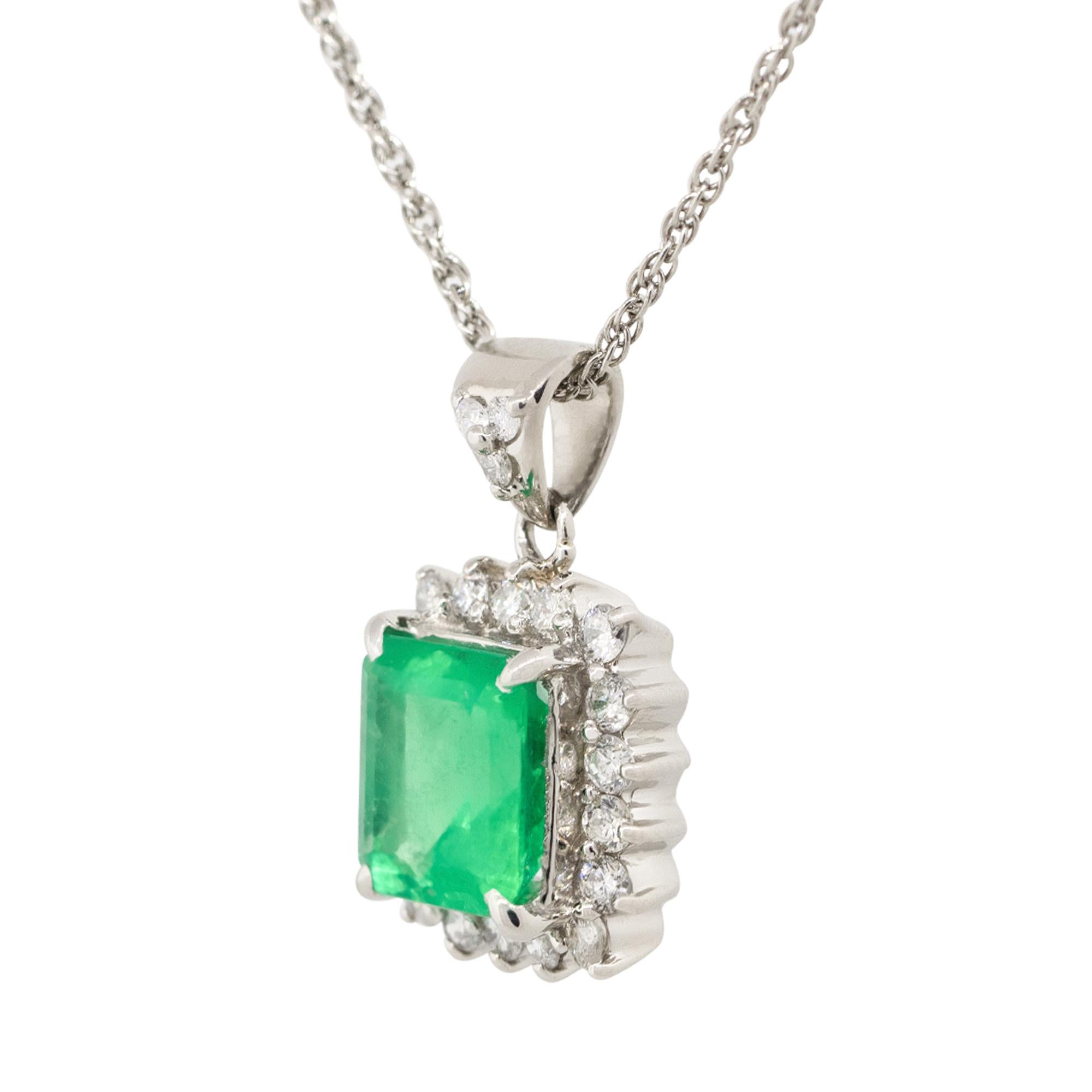 Emerald Cut 2.07 Carat Emerald with Diamond Halo Pendant Necklace Platinum in Stock