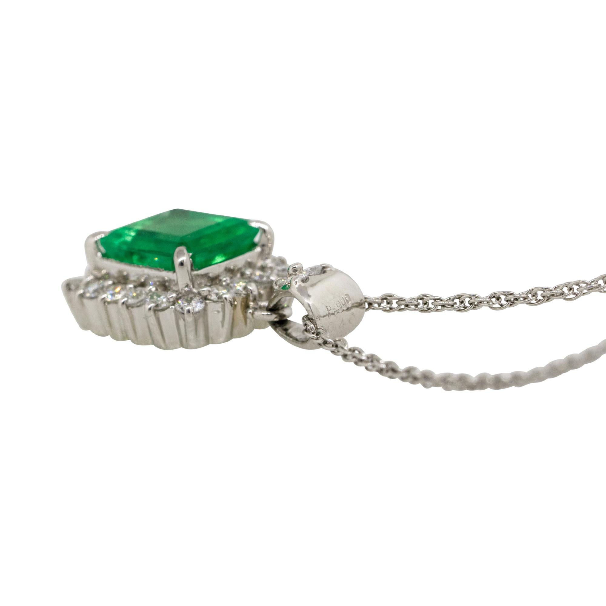 2.07 Carat Emerald with Diamond Halo Pendant Necklace Platinum in Stock 1