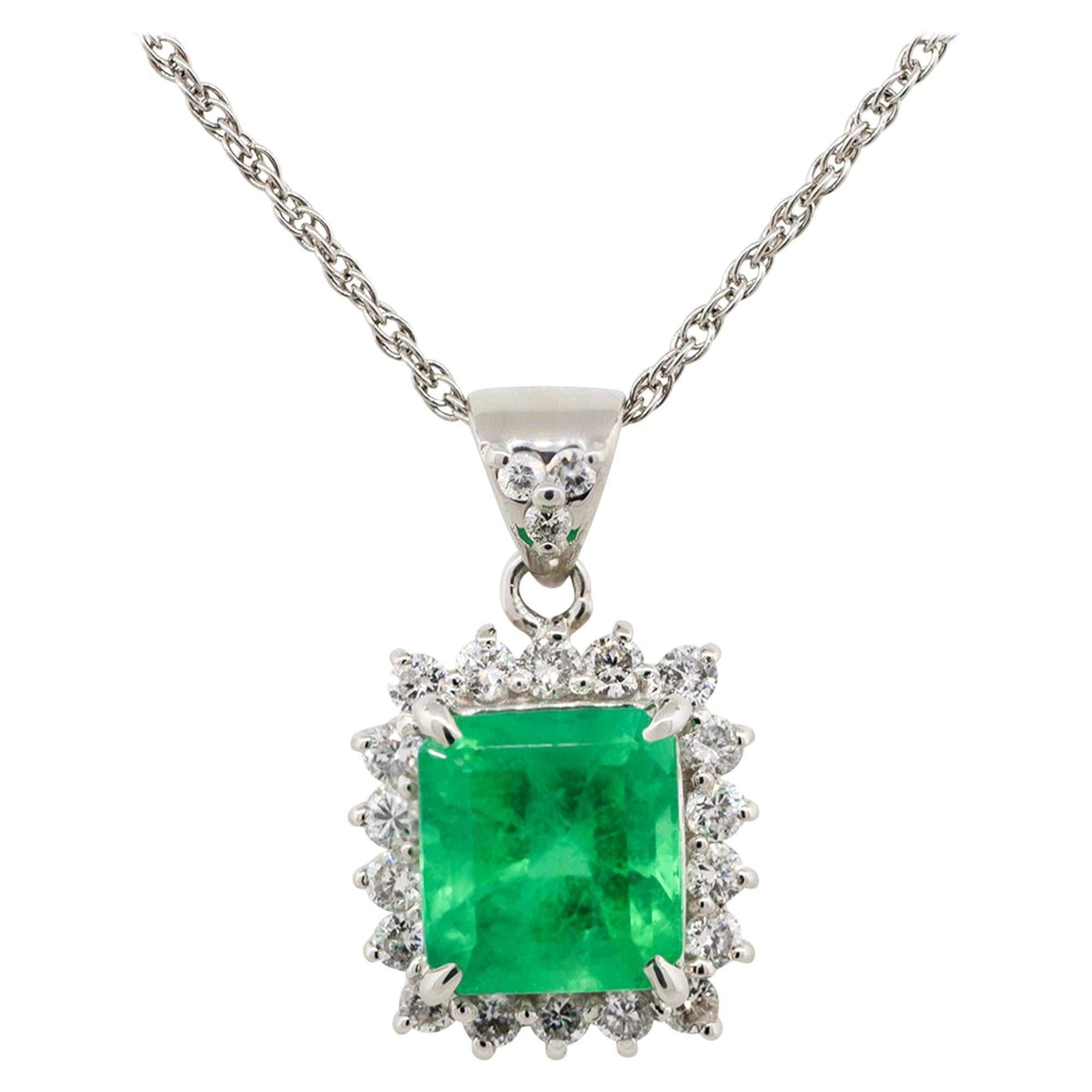 2.07 Carat Emerald with Diamond Halo Pendant Necklace Platinum in Stock