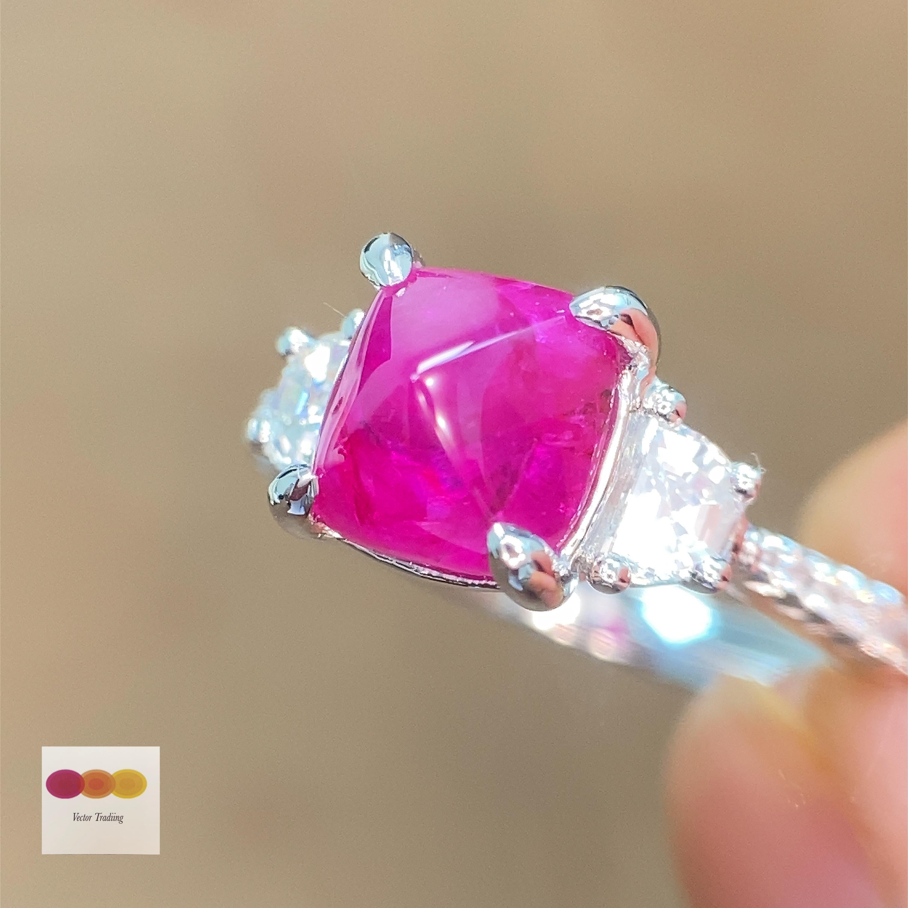 2.07 Carat GIA Certified Vietnam No Heat Ruby Sugarloaf and White Diamond Ring:

A playful ring, it features an unheated Vietnamese intense pinkish red ruby sugarloaf weighing 2.07 carat, surrounded by white trapezoid-cut and round brilliant-cut