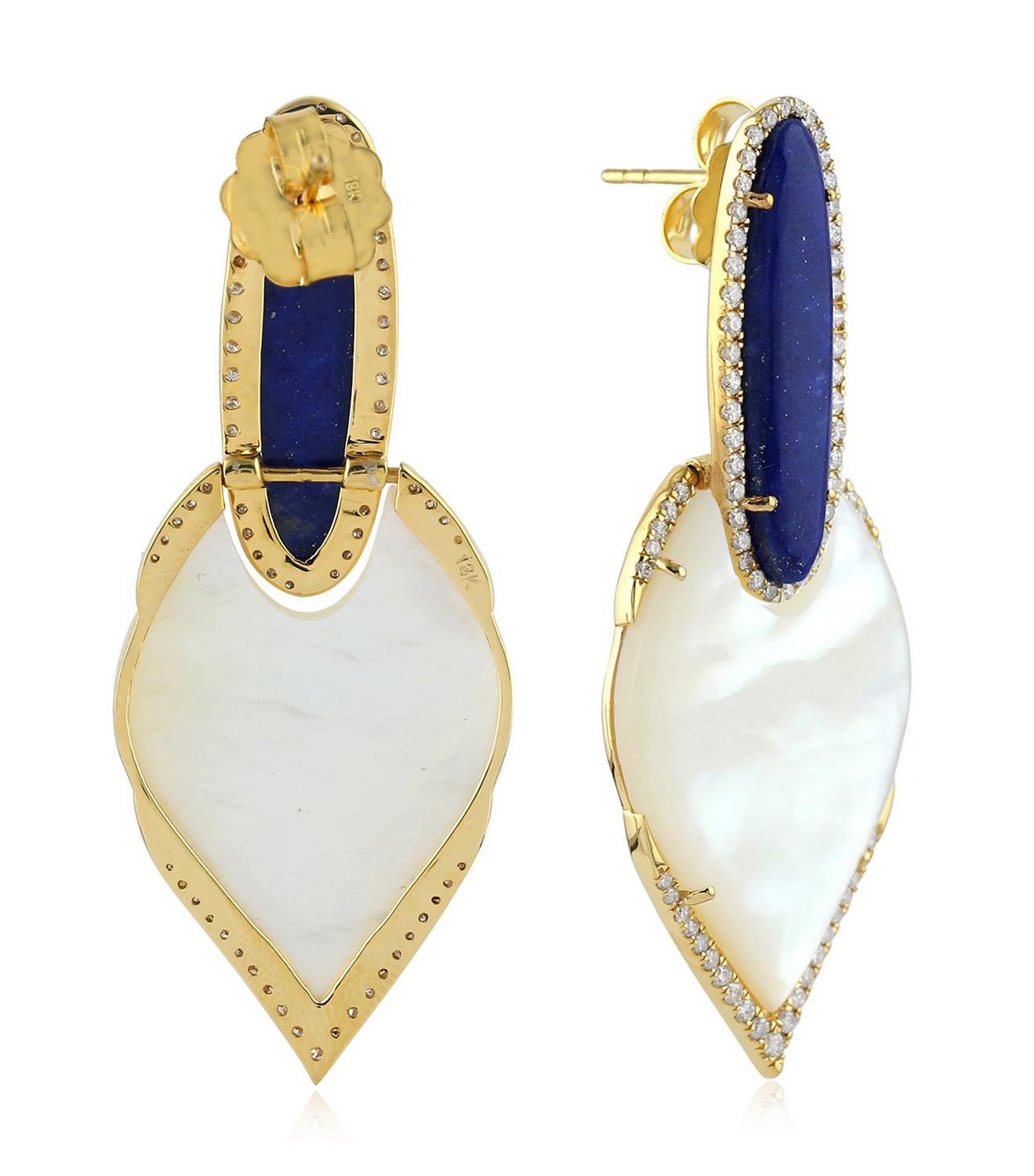 Mixed Cut 20.7 Carat Lapis Mother of Pearl Diamond 18 Karat Gold Earrings For Sale