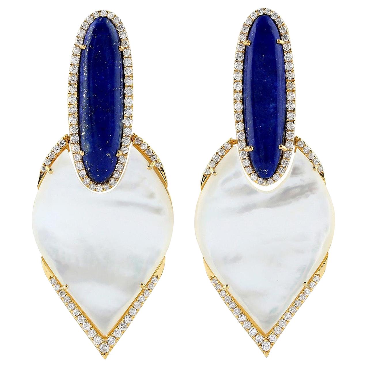 20.7 Carat Lapis Mother of Pearl Diamond 18 Karat Gold Earrings