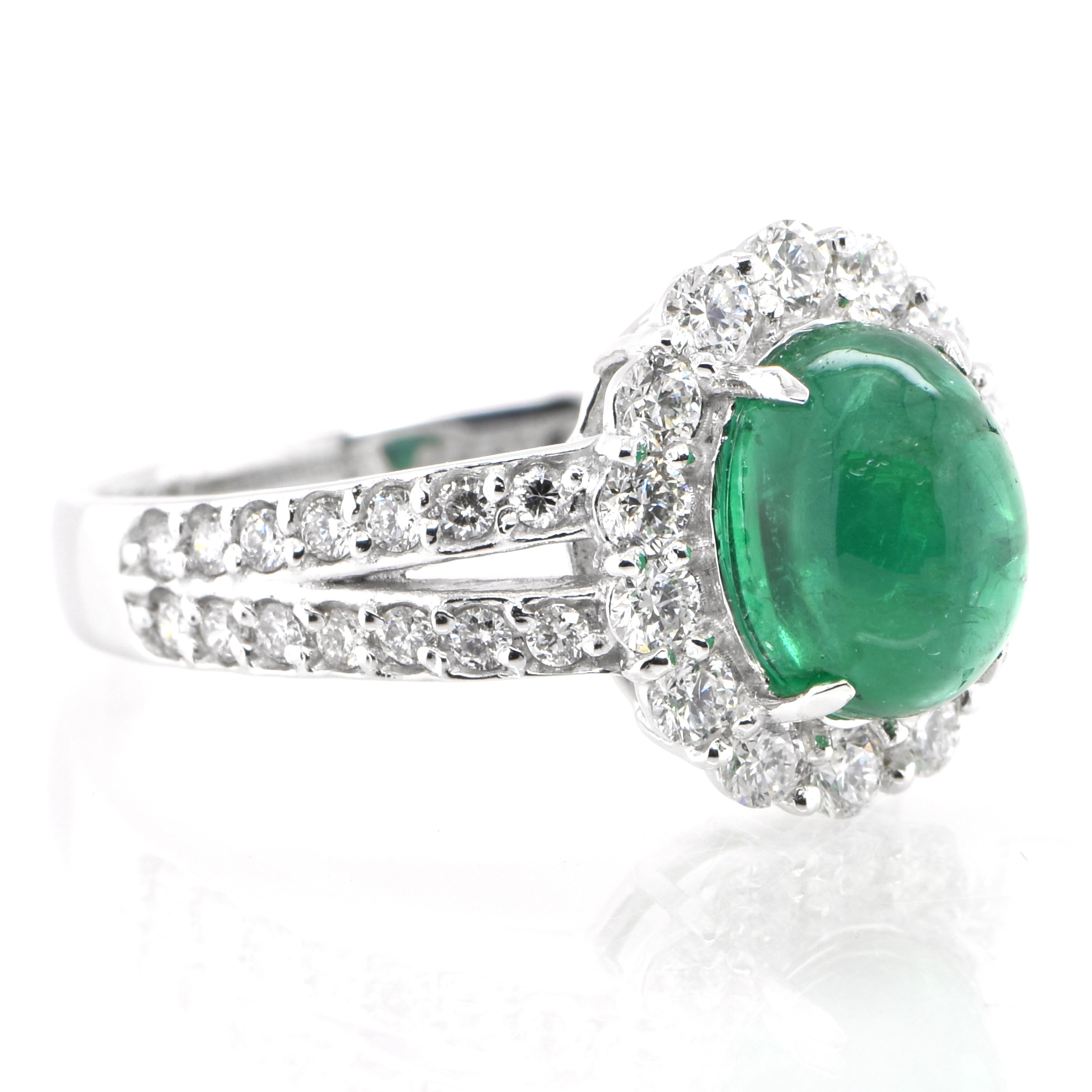Modern 2.07 Carat Natural Emerald Cabochon and Diamond Ring Set in Platinum