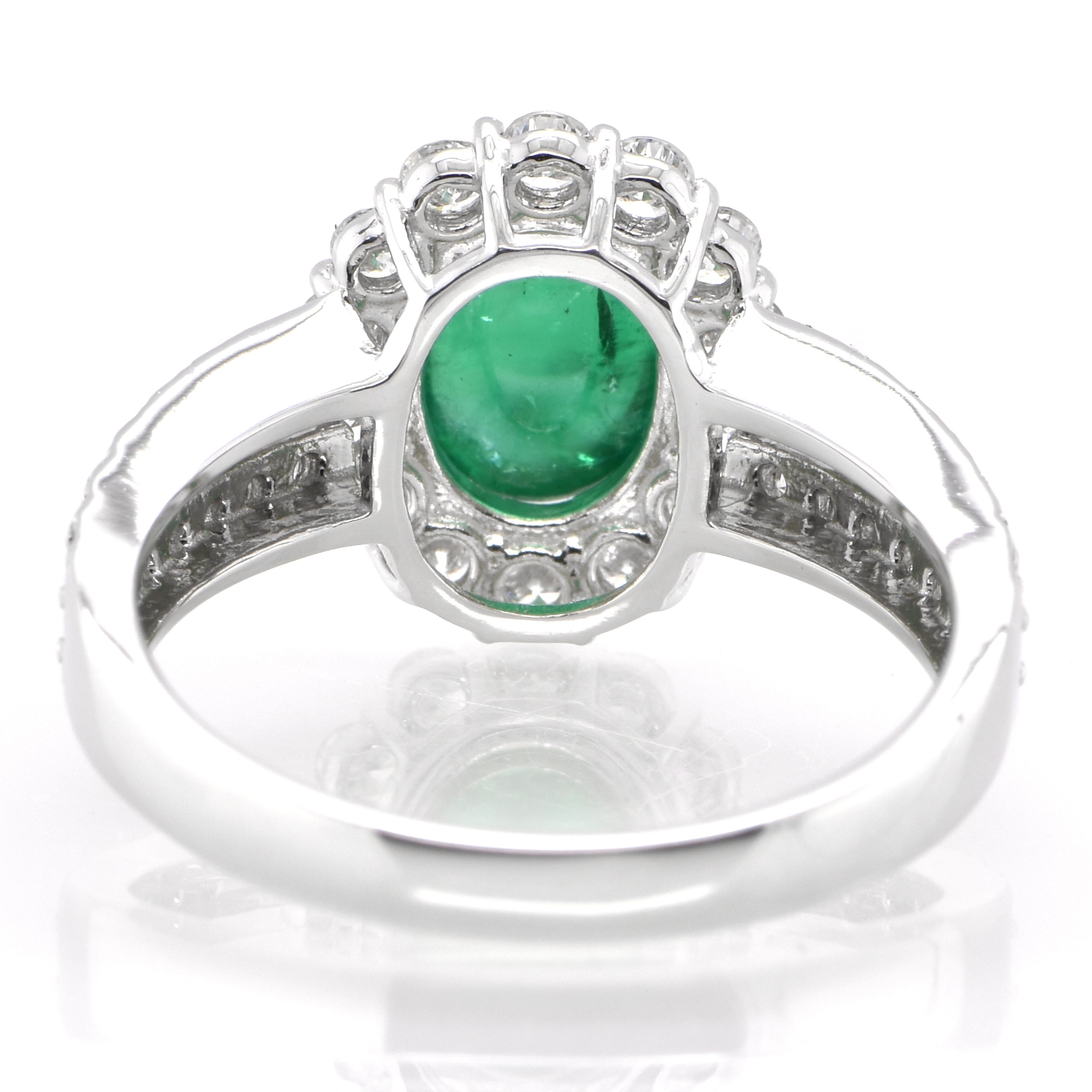 2.07 Carat Natural Emerald Cabochon and Diamond Ring Set in Platinum 1