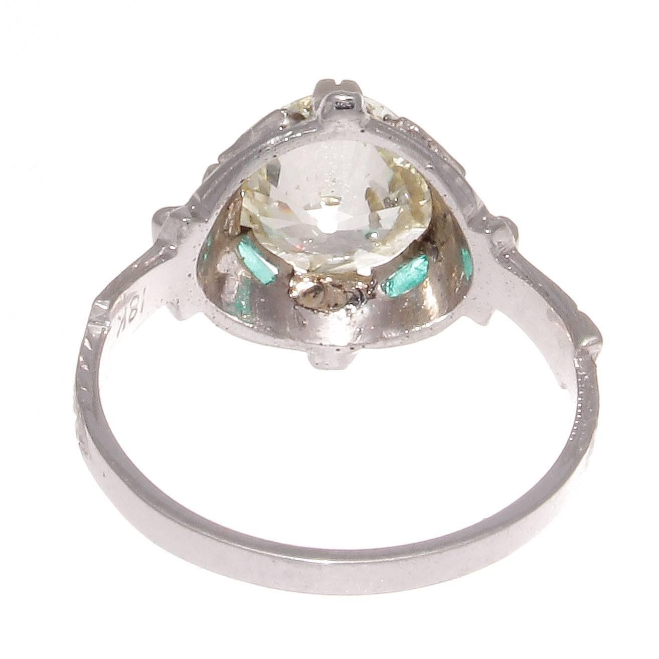 Art Deco 2.07 Carat Old Mine Cut Diamond Emerald Gold Engagement Ring