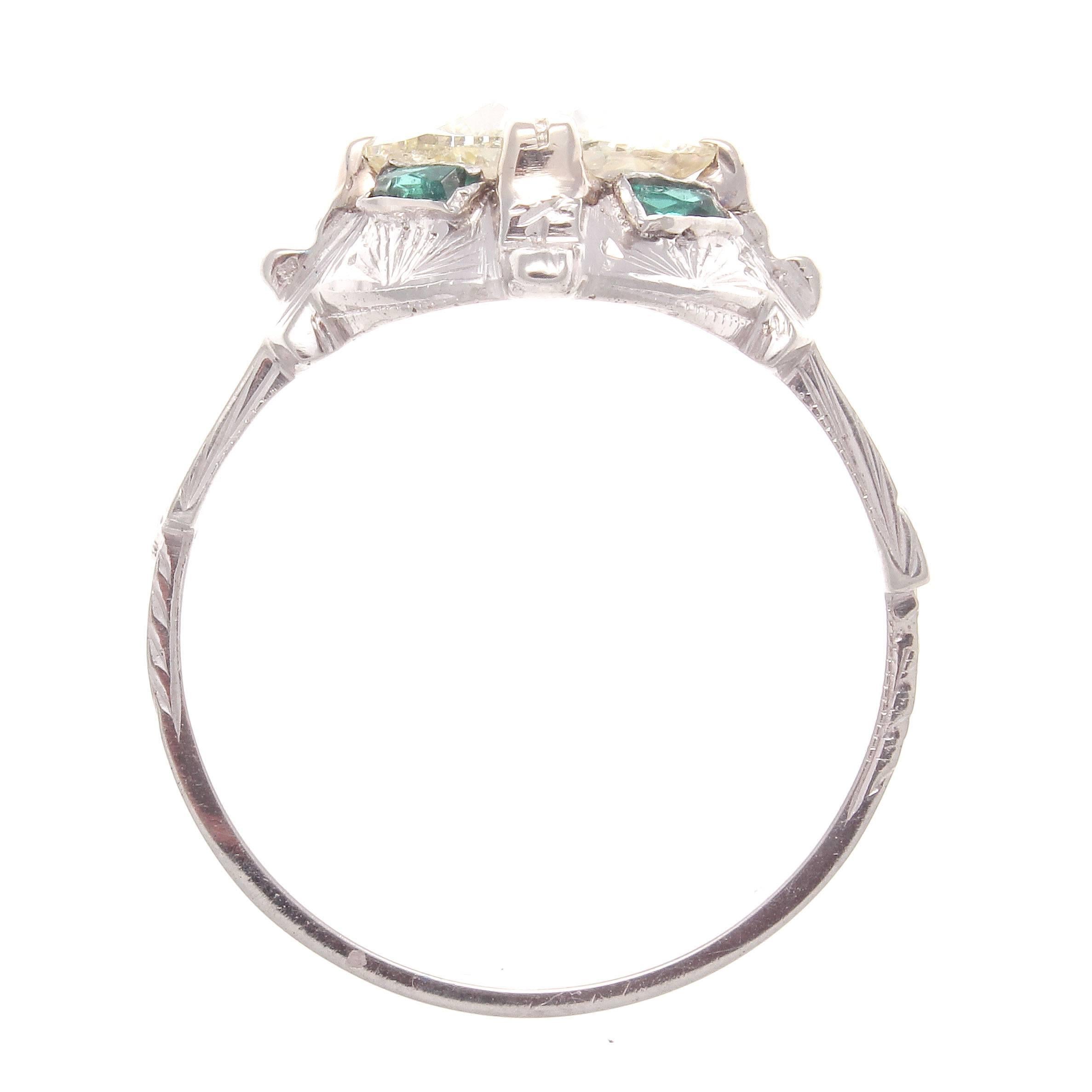 2.07 Carat Old Mine Cut Diamond Emerald Gold Engagement Ring In Excellent Condition In Beverly Hills, CA