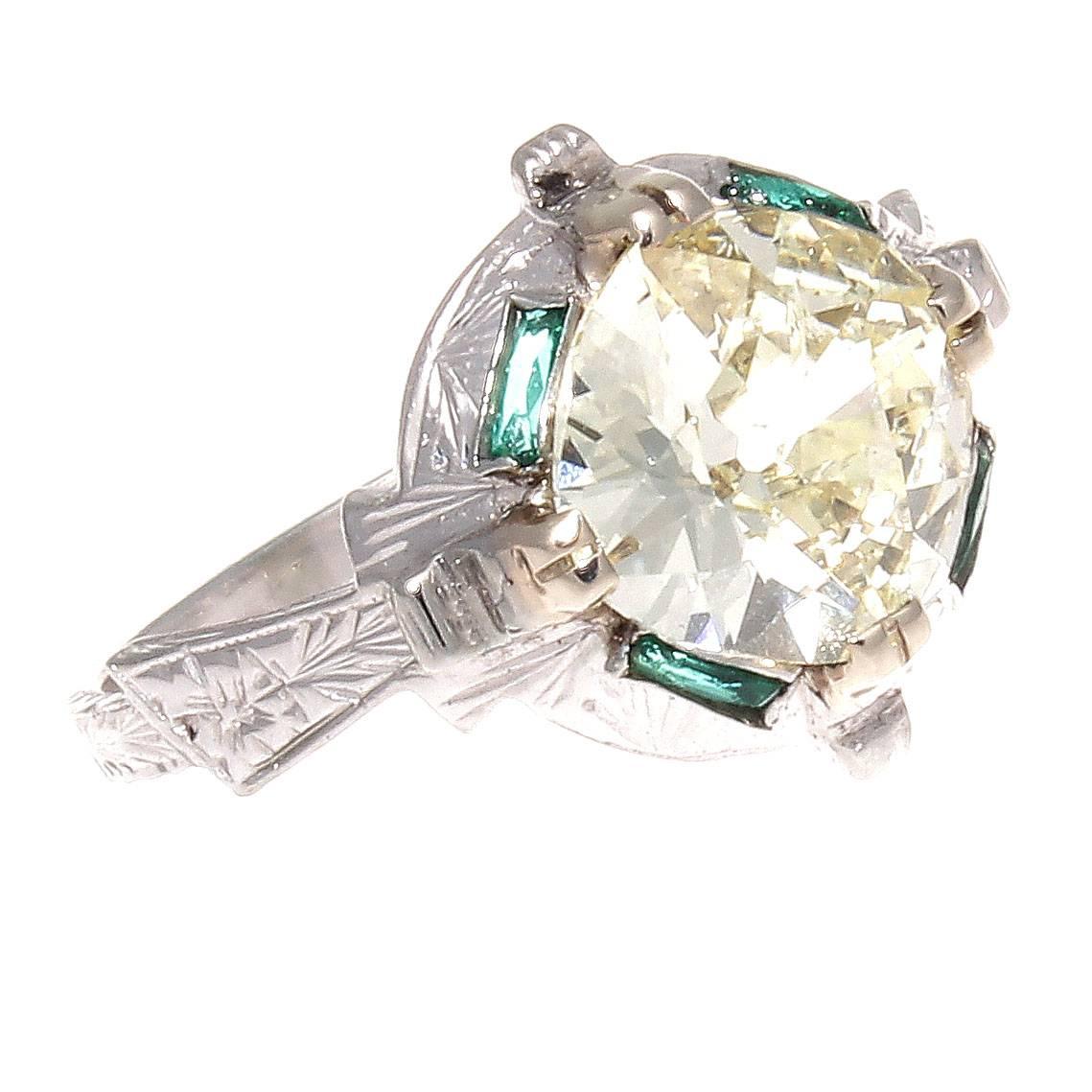 2.07 Carat Old Mine Cut Diamond Emerald Gold Engagement Ring
