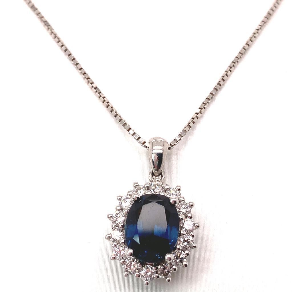 2.07 Carat Oval Cut Blue Sapphire and Diamond Pendant Set in 18K White Gold For Sale 1