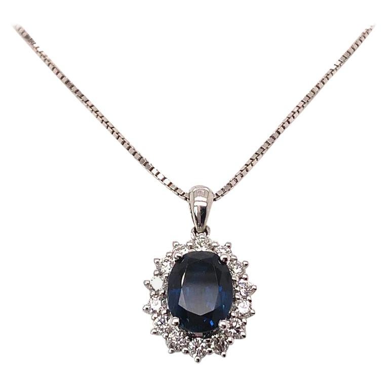 2.07 Carat Oval Cut Blue Sapphire and Diamond Pendant Set in 18K White Gold For Sale