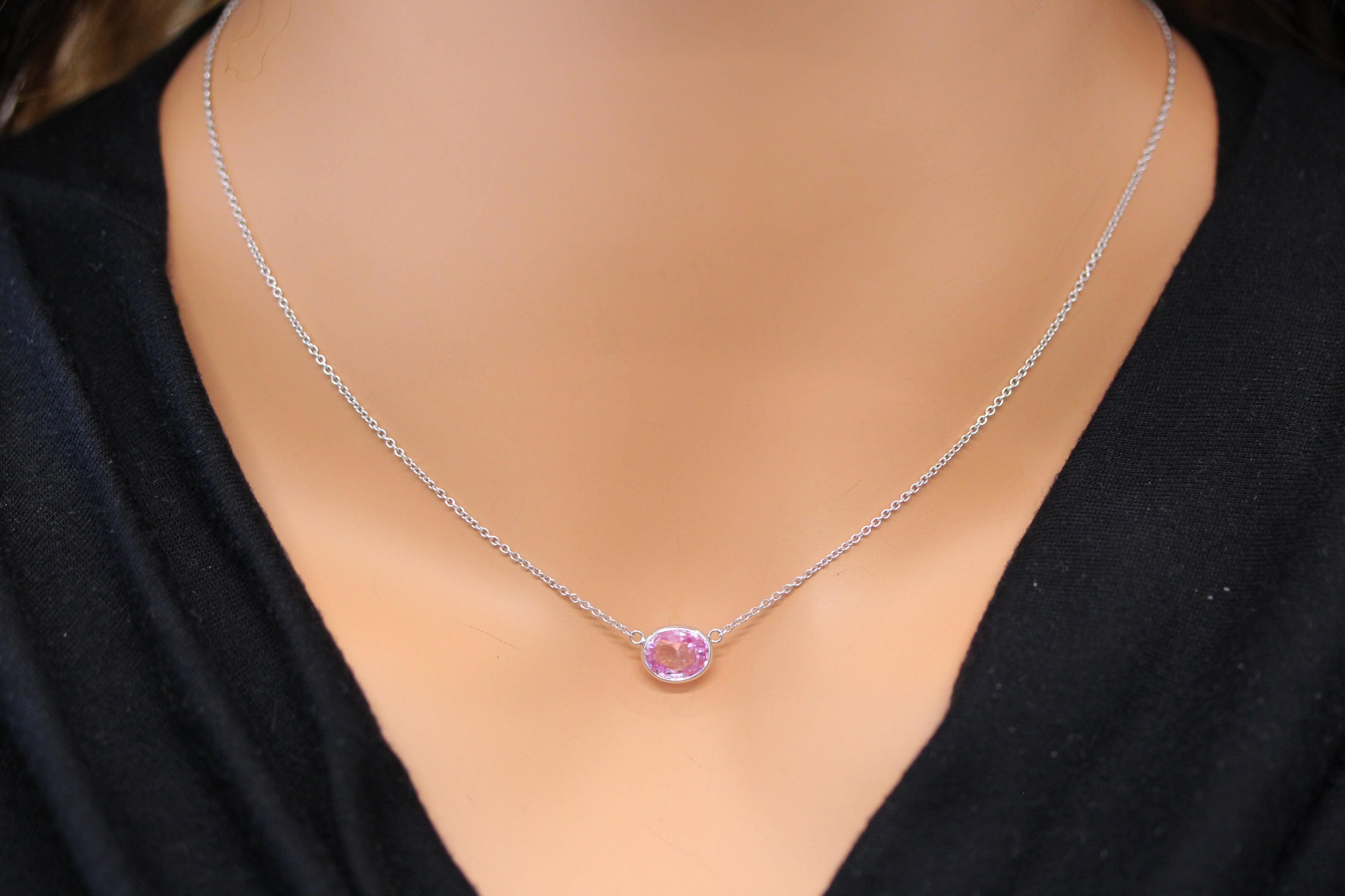 Contemporary 2.07 Carat Oval Padparadschah Purplish Pink Fashion Necklaces In 14k White Gold For Sale