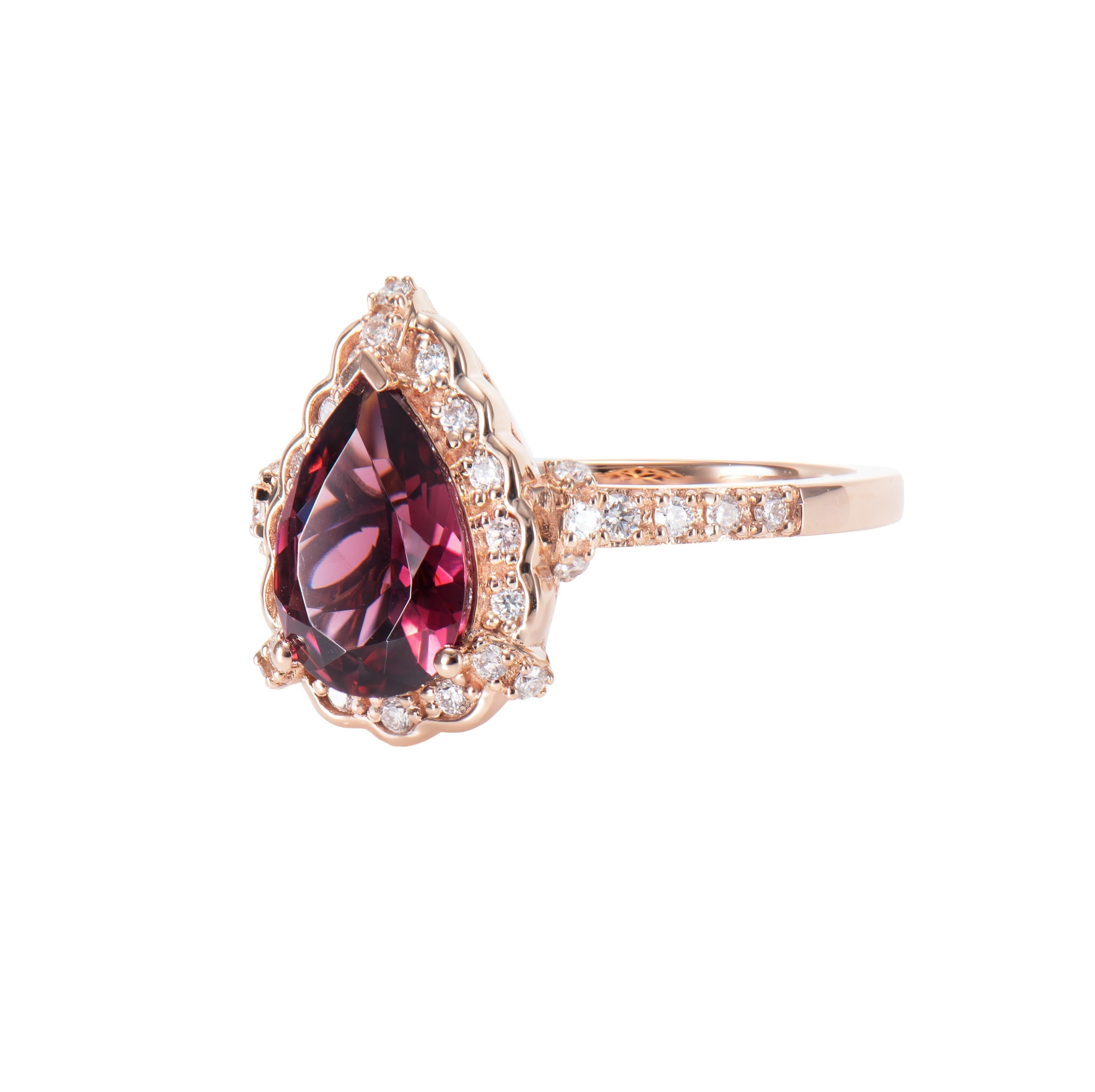 Contemporary 2.07 Carat Rhodolite Cocktail Ring in 18 Karat Rose Gold with White Diamond For Sale