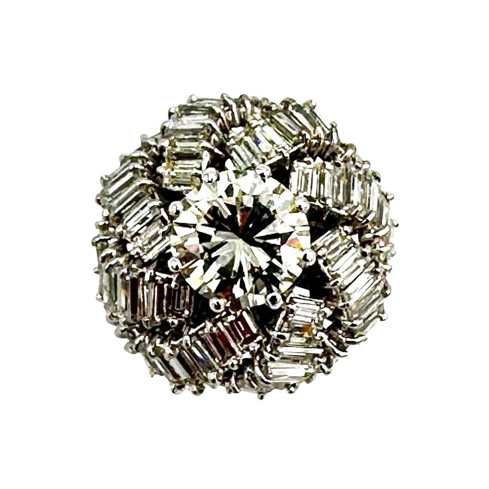 2.07 Carat Round Brilliant Diamond and Baguette Diamond 18K White Gold Ring