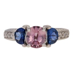 2.07 Carat Round Cut Sapphire and Diamond Ring, 18 Karat Gold Etched Pink & Blue