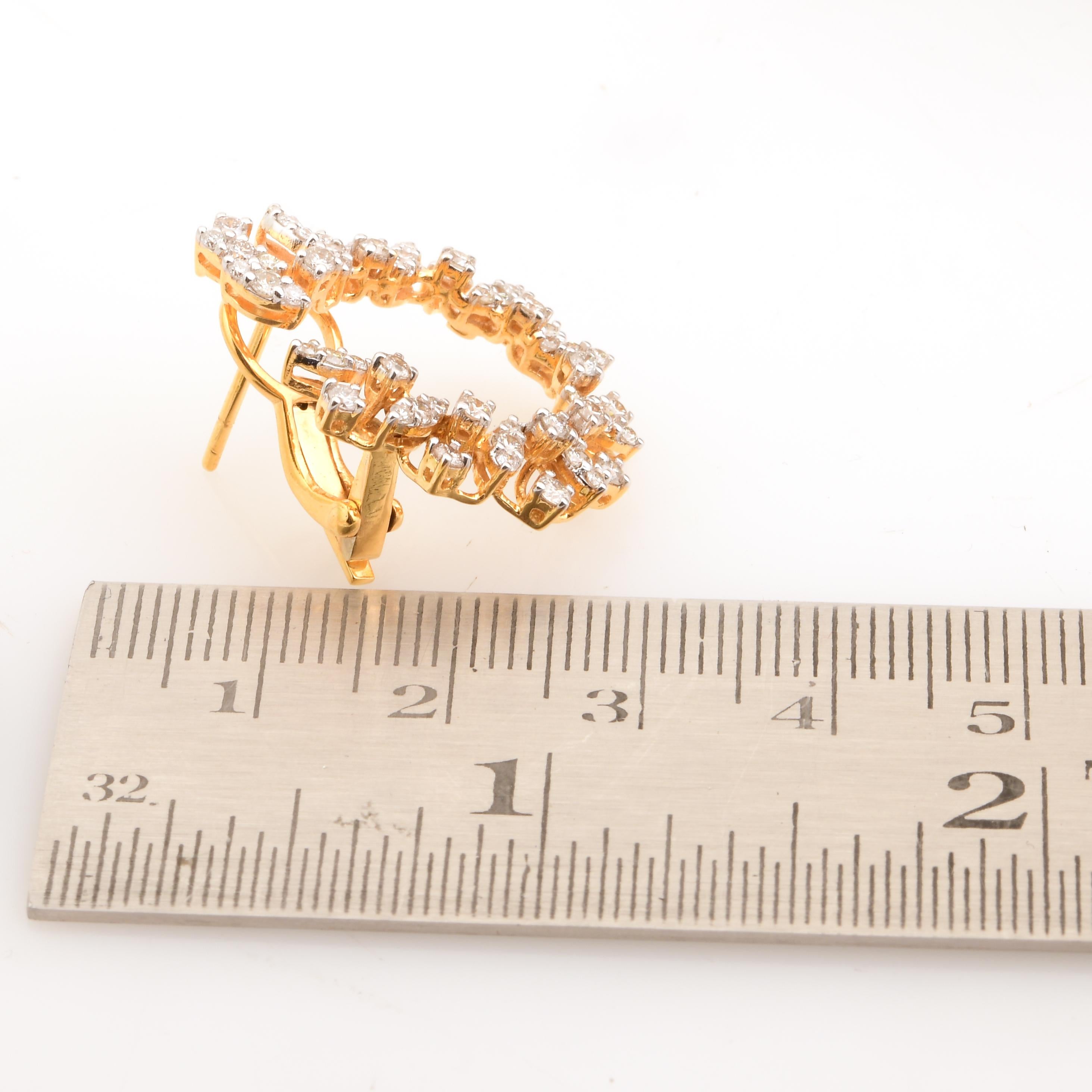 Modern 2.07 Carat SI Clarity HI Color Diamond Hoop Earrings 14k Yellow Gold Jewelry For Sale