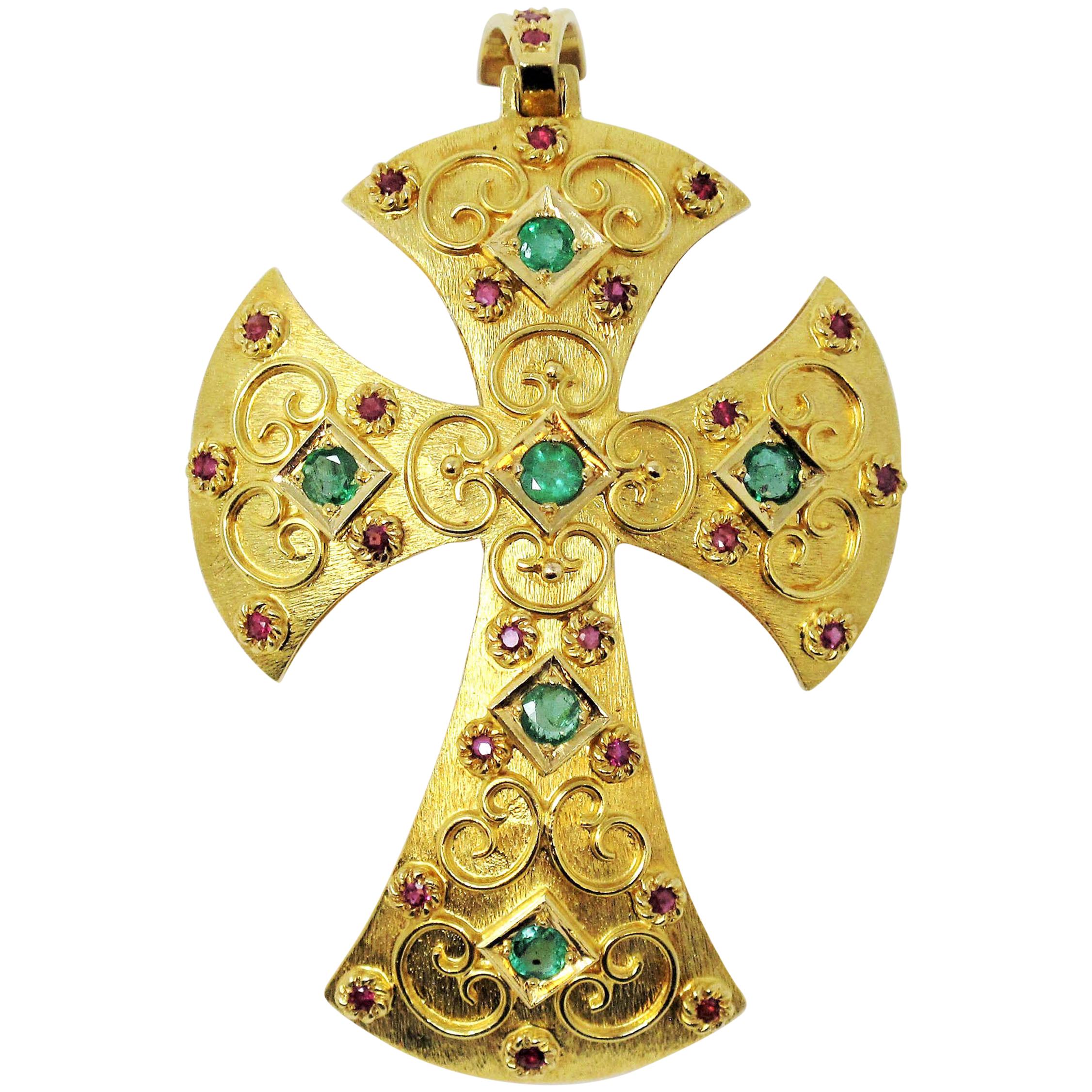 Extra Large Ruby and Emerald Etruscan Style Cross Pendant in 18 Karat Gold For Sale