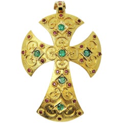 Antique Extra Large Ruby and Emerald Etruscan Style Cross Pendant in 18 Karat Gold