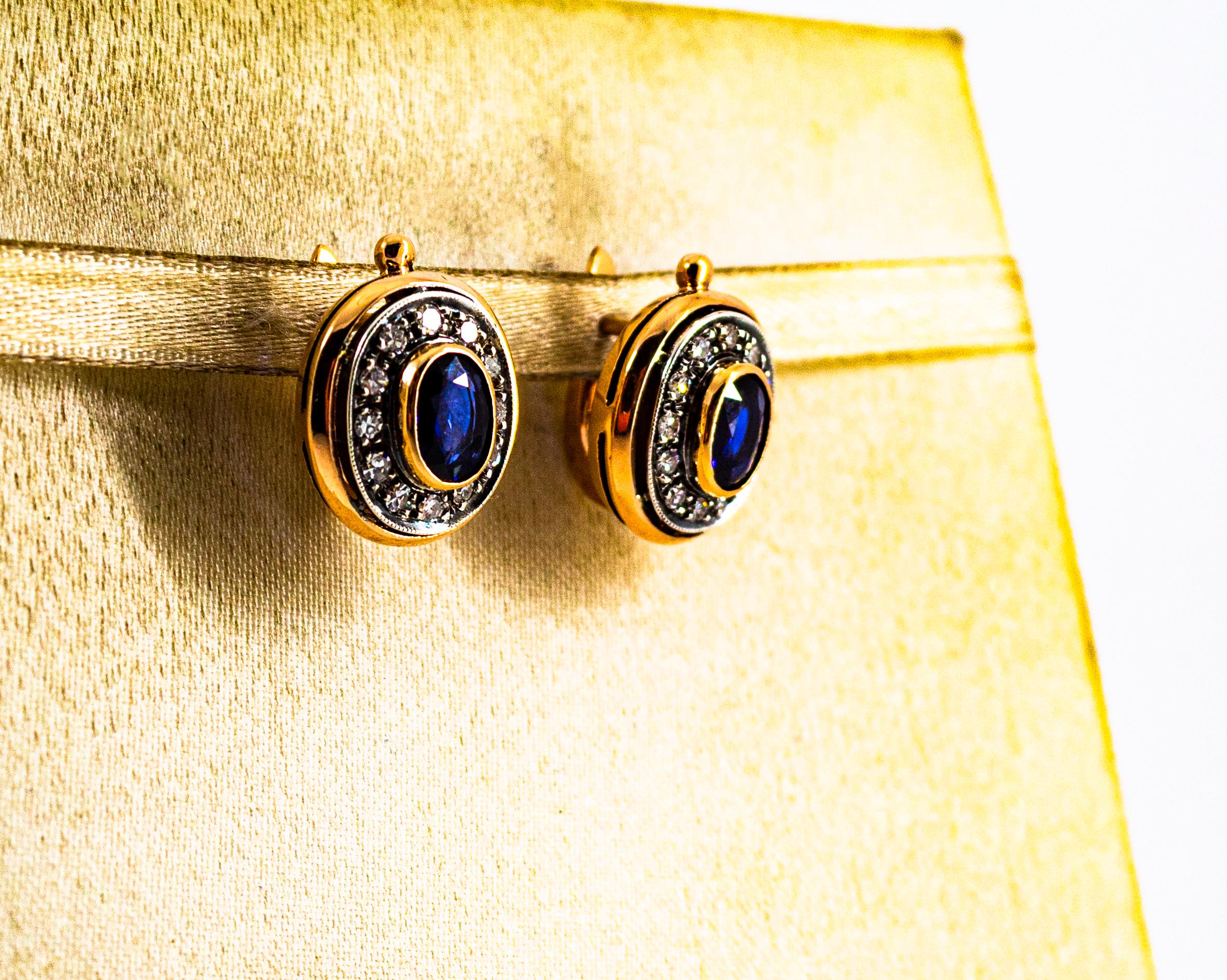 These Lever-Back Earrings are made of 9K Yellow Gold and Sterling Silver.
These Earrings have 0.45 Carats of White Modern Round Cut Diamonds.
These Earrings have 1.62 Carat of Oval Cut Blue Sapphire.

These Earrings have also their matching