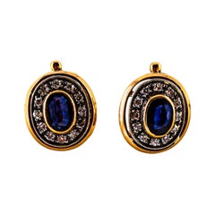 2.07 Carat White Diamond Blue Sapphire Yellow Gold Lever-Back Dangle Earrings