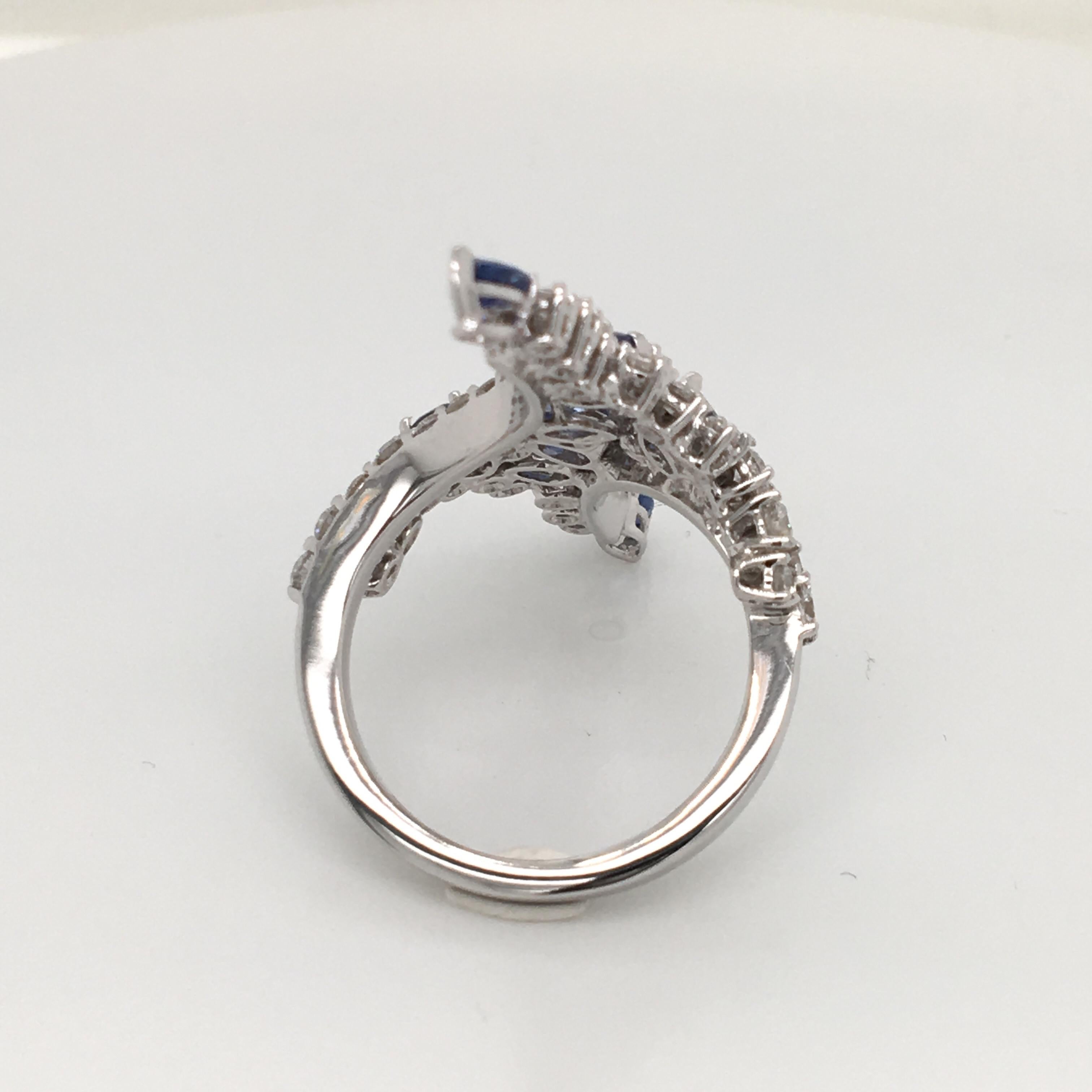 2.07 Carat Blue Sapphire and 1.53 Carat Diamonds Fashion Long White Gold Ring For Sale 4