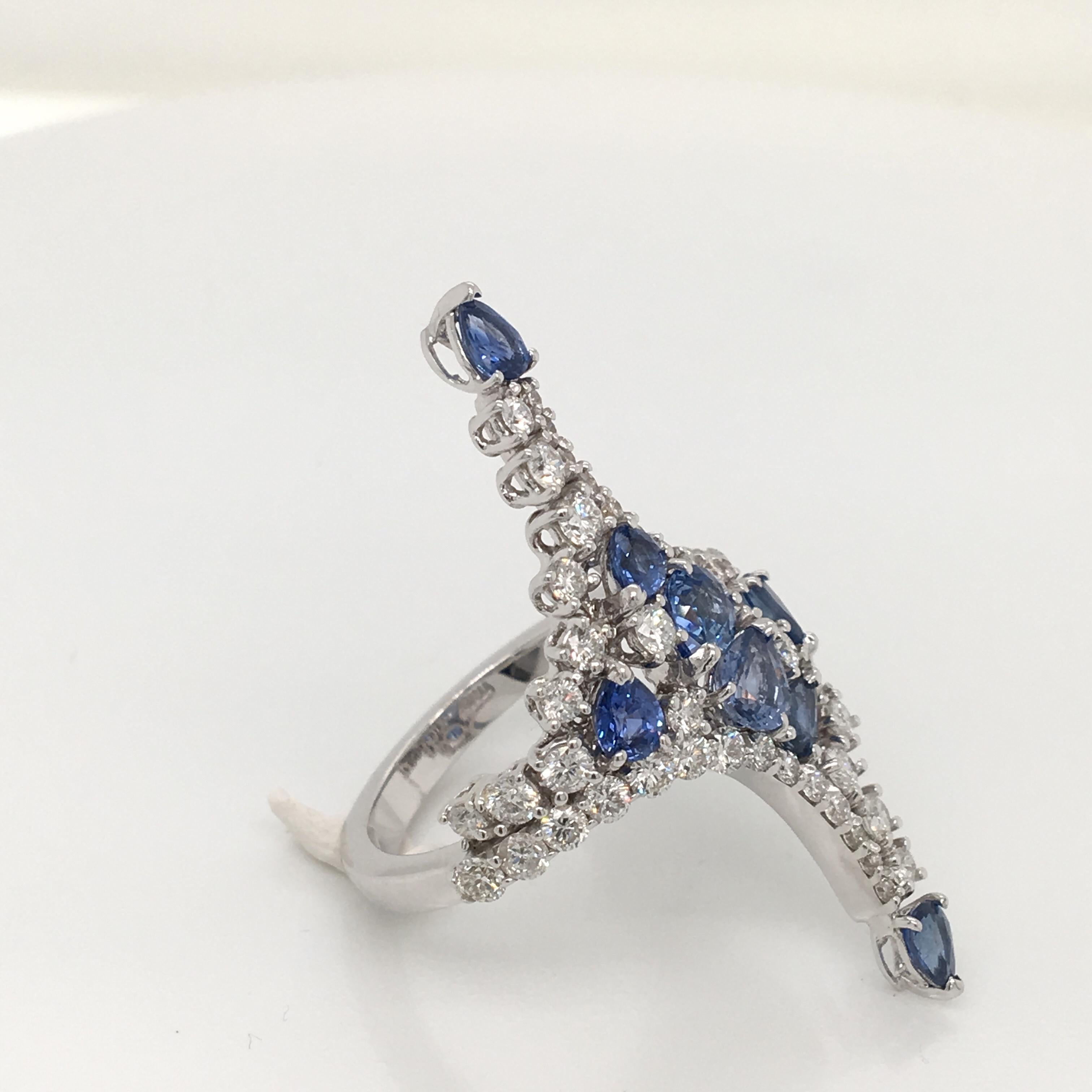 Contemporary 2.07 Carat Blue Sapphire and 1.53 Carat Diamonds Fashion Long White Gold Ring For Sale