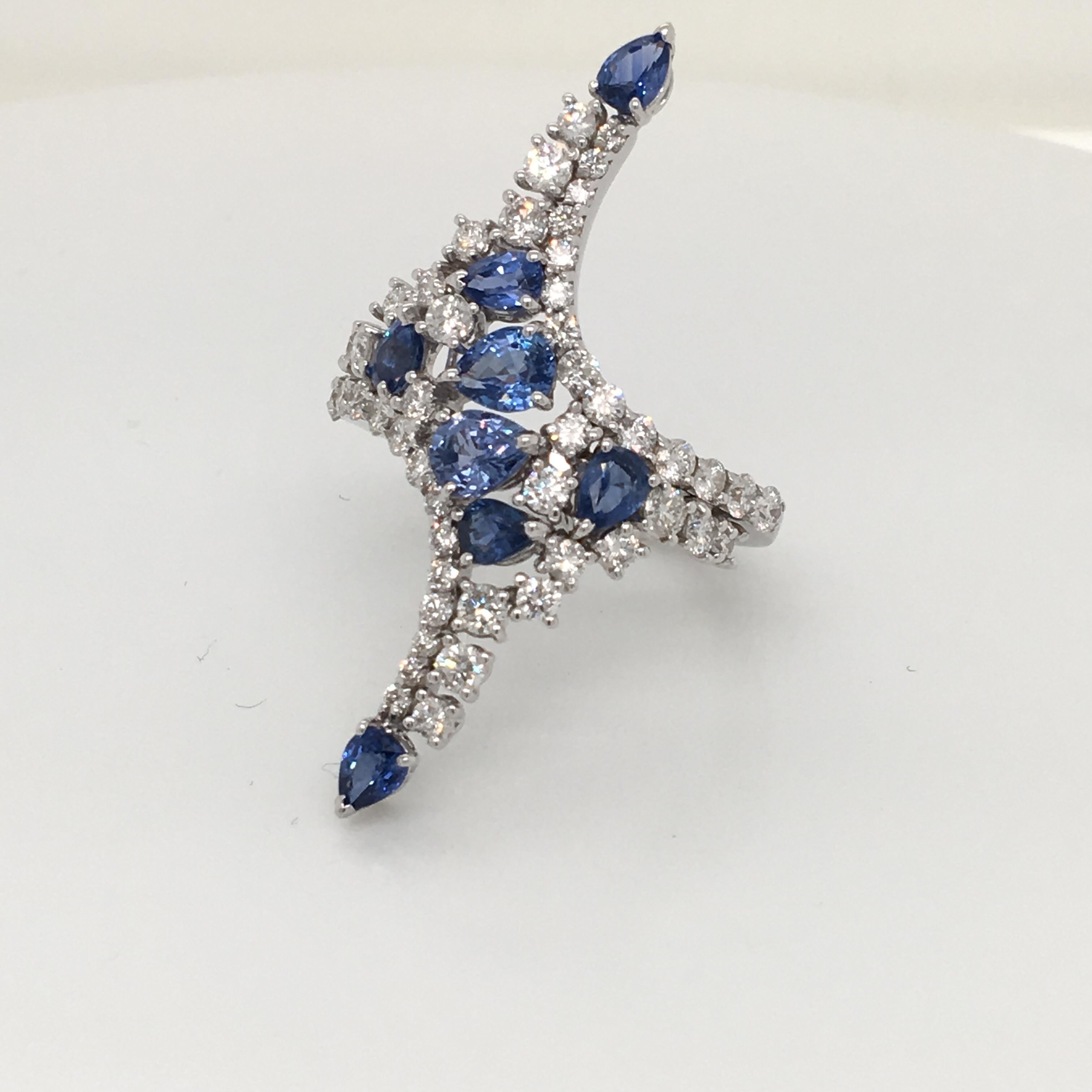 2.07 Carat Blue Sapphire and 1.53 Carat Diamonds Fashion Long White Gold Ring In New Condition For Sale In MIlan, IT
