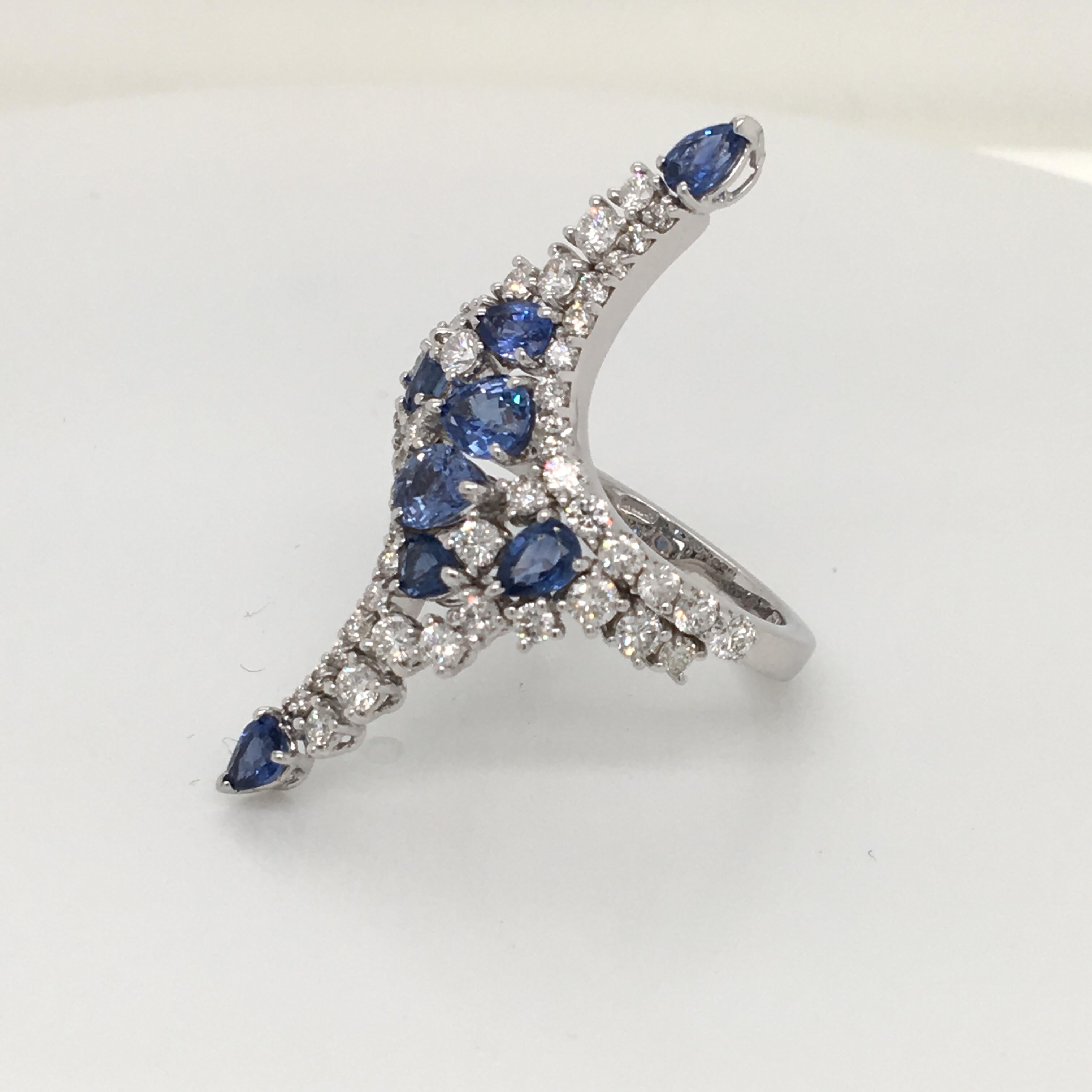 Women's 2.07 Carat Blue Sapphire and 1.53 Carat Diamonds Fashion Long White Gold Ring For Sale